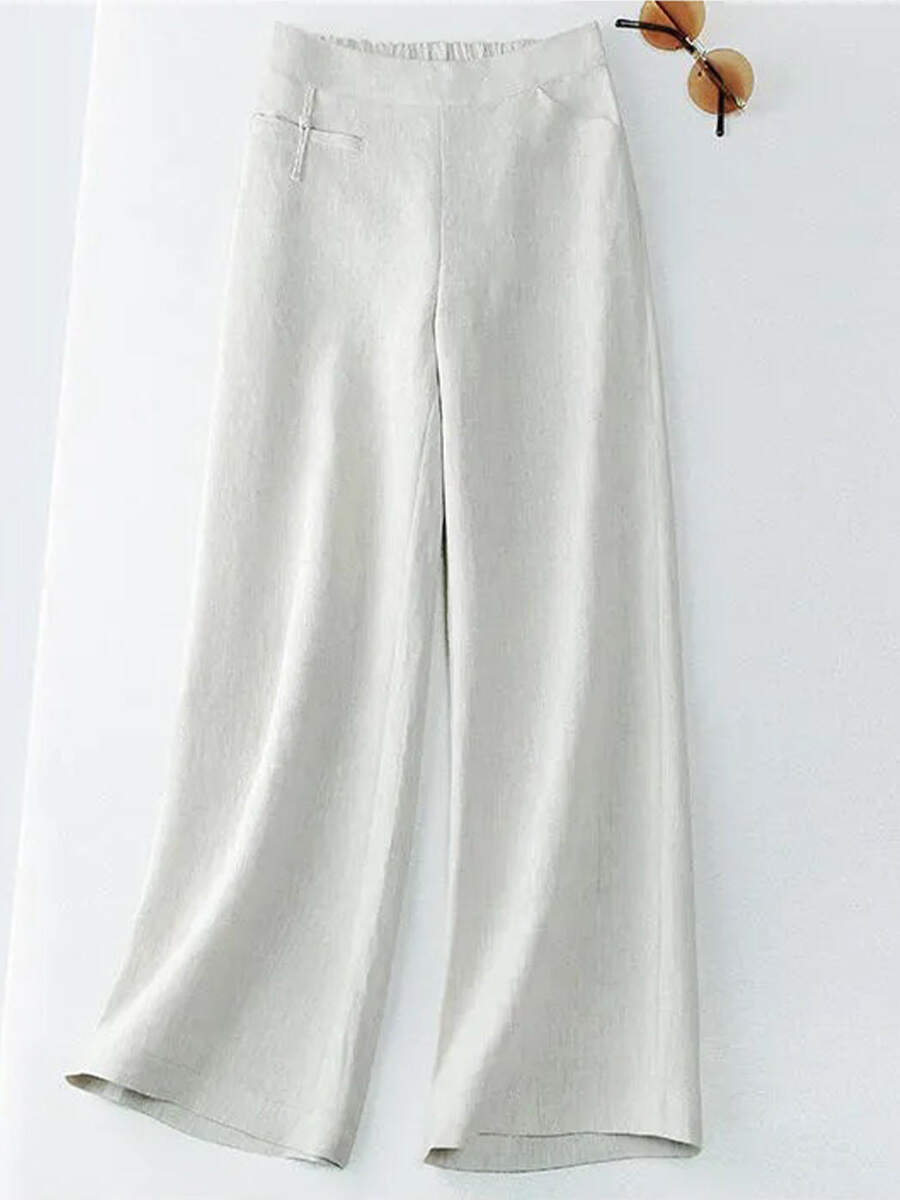 🔥Summer Arrivals🌟Women's Solid Color Button Half Elastic High Waist Casual Cotton and Linen Wide Leg Pants