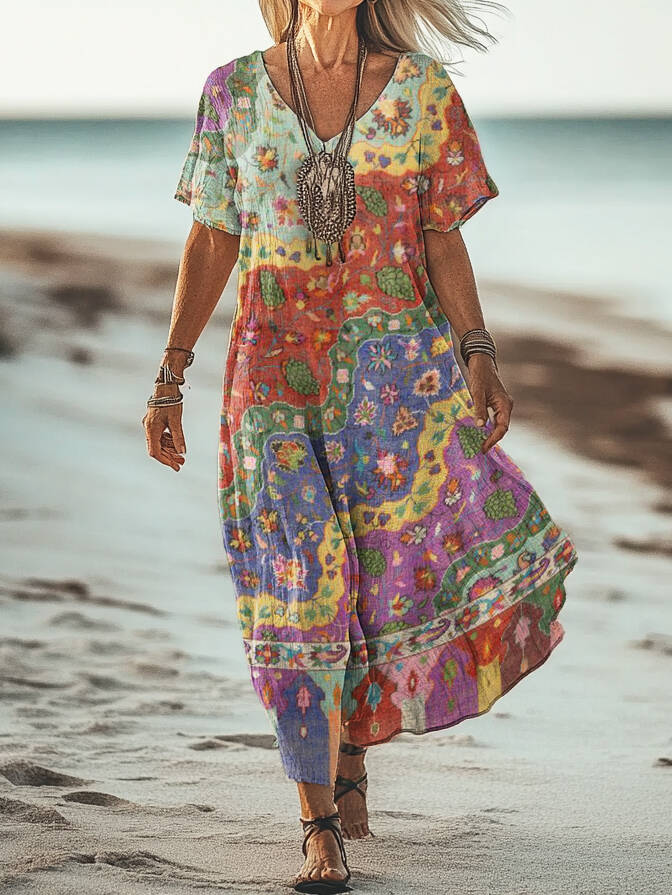 Women's Boho Floral Wave Collage Art Print V Neck Short Sleeve Cotton Pocket Dress