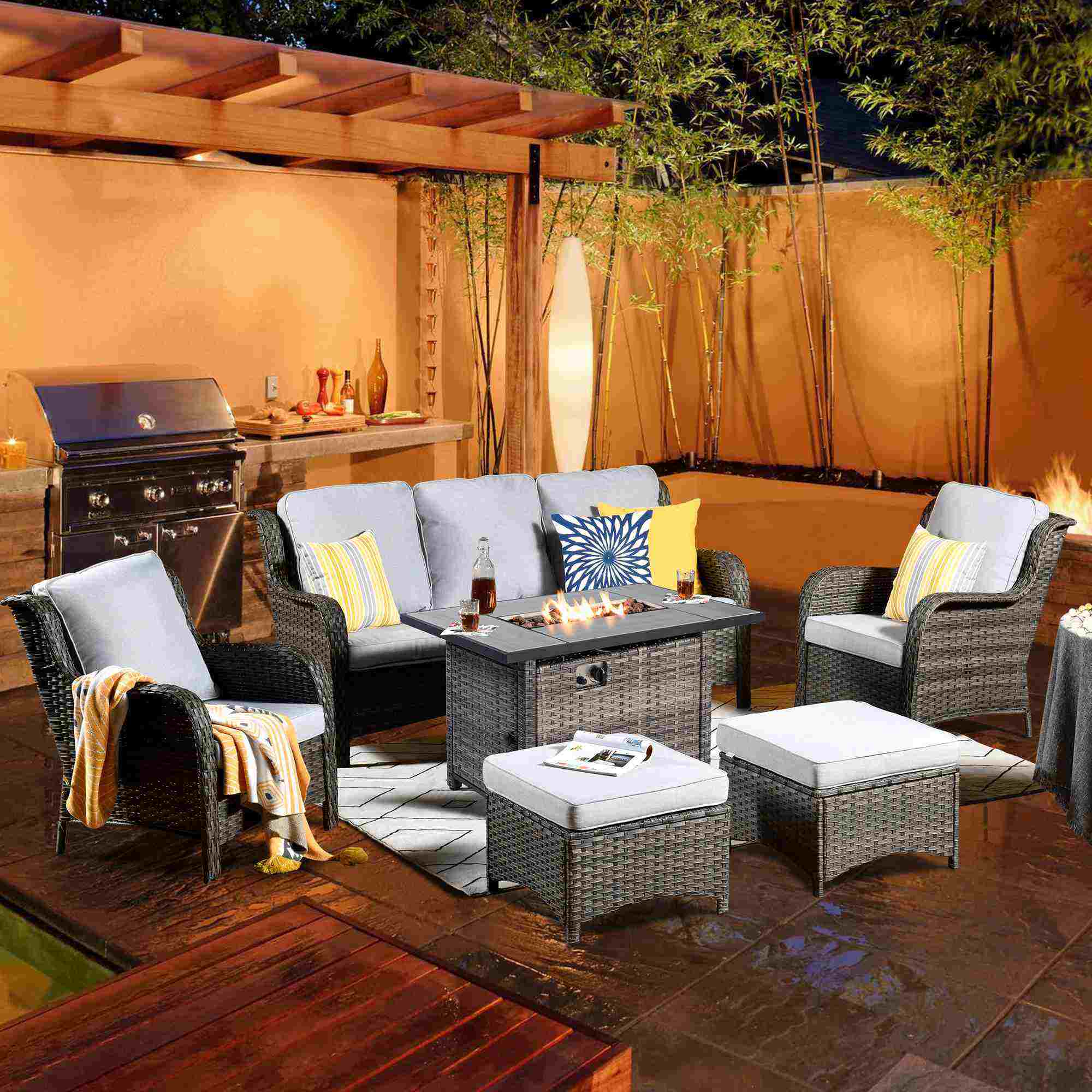 Ovios Patio 6-Piece Conversation Set with 42'' Rectangle Propane Fire Pit Table Kenard