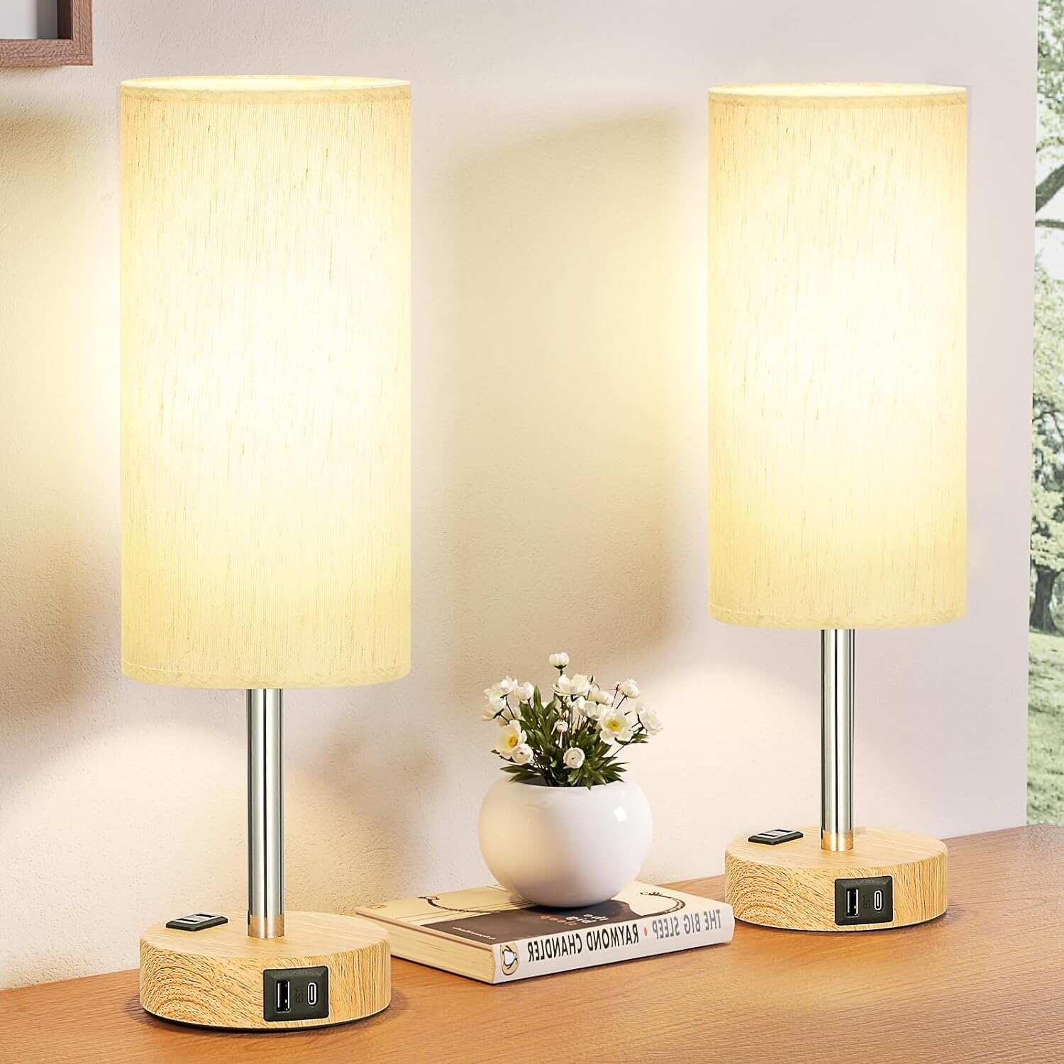 Bedside Table Lamp for Bedroom - 3 Way Dimmable Touch Lamp USB C Charging Ports and AC Outlet, Small Lamp Wood Base Round Flaxen Fabric Shade for Living Room, Desk, LED Bulb Included