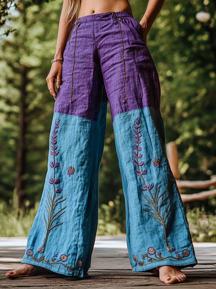 Vintage Bohemian Lavender Patchwork Art Printed Cotton Linen Wide Leg Pants