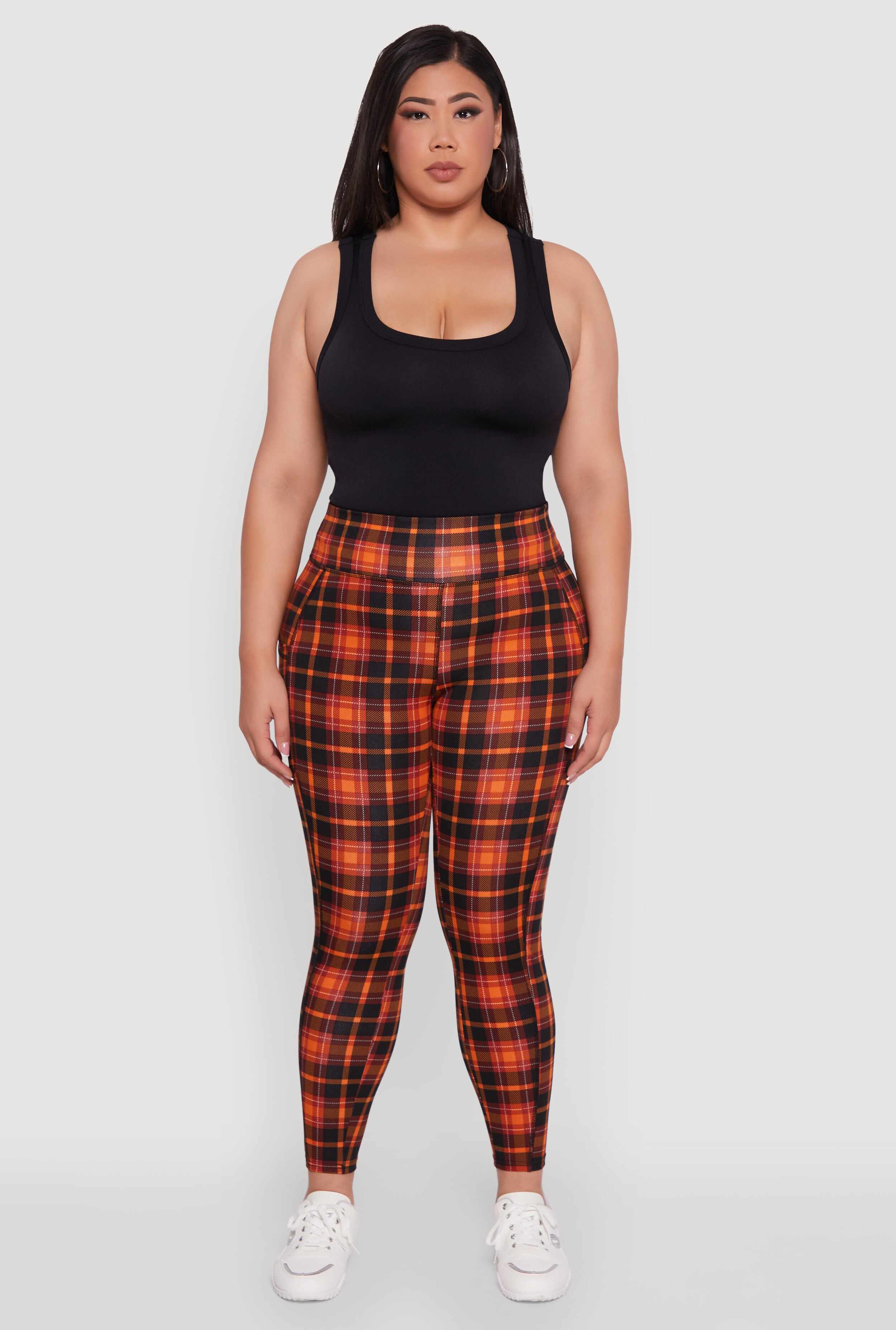 Plus Size High Waisted Cell Phone Pocket Plaid Leggings