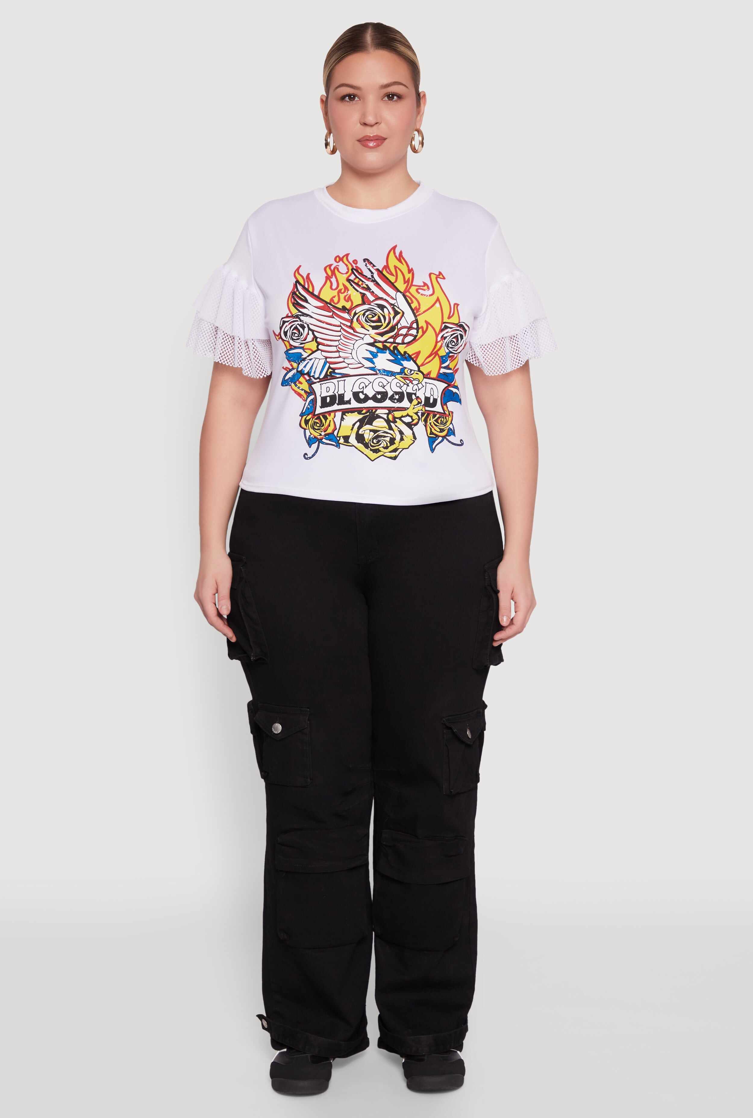 Plus Size Fishnet Sleeve Blessed Eagle Graphic Tee