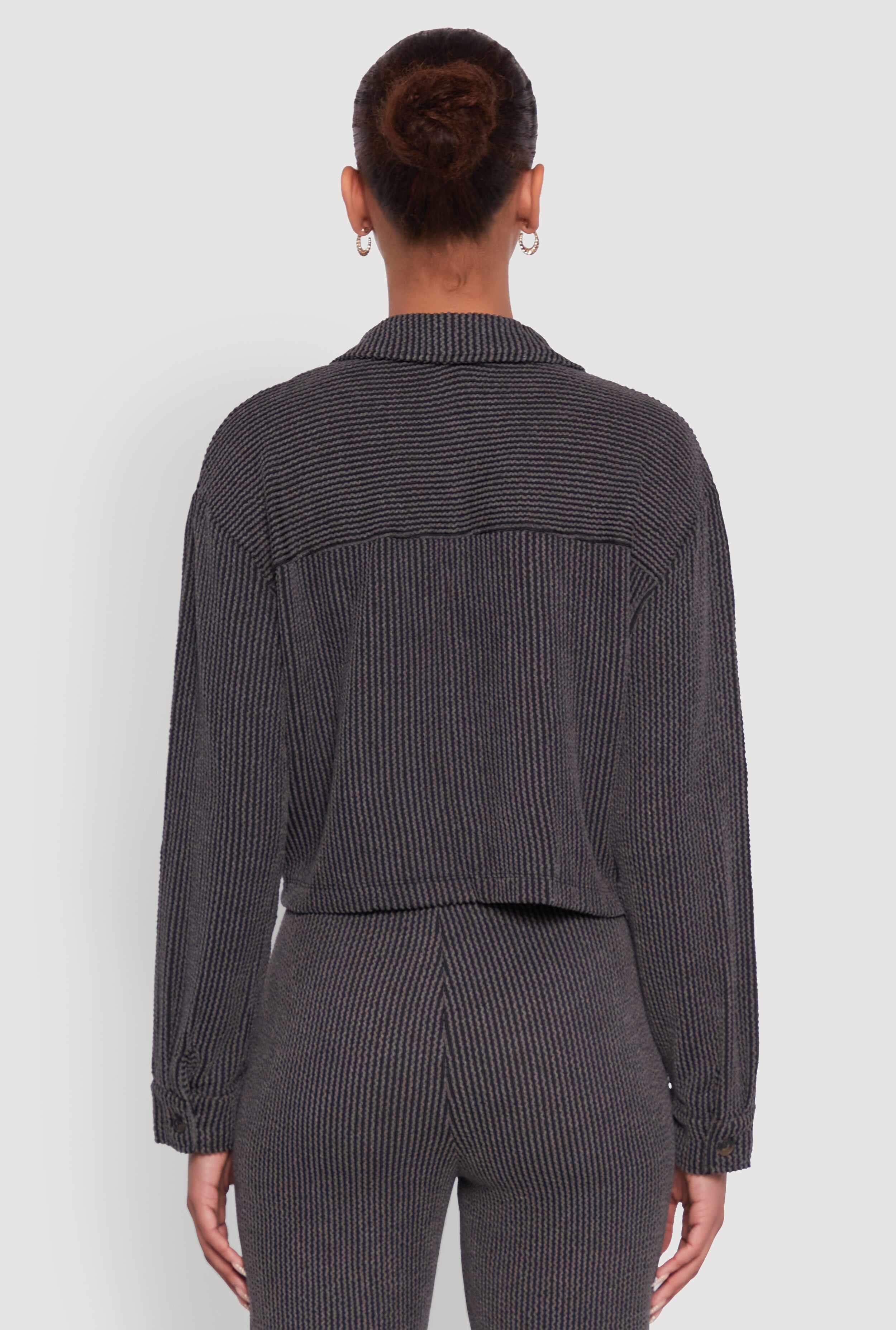 Rib Knit Shadow Stripe Button Front Cropped Shirt