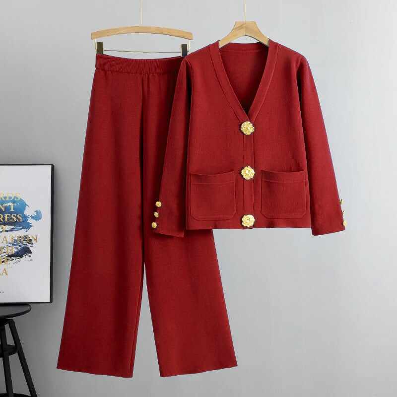 Fashion Metal Button Knit Wool Sweater Wide Leg Pants Set