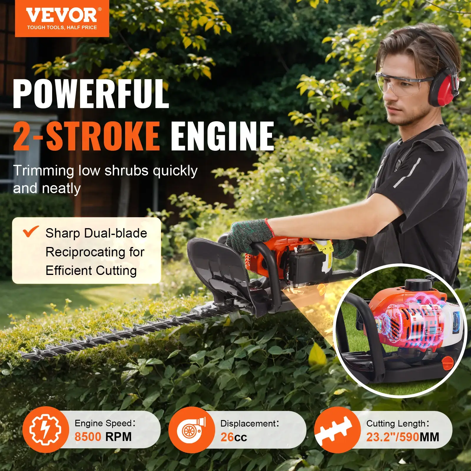 23.2-inch 26CC 2 Cycle Gas Hedge Trimmer Gas Powered Handheld Hedge Trimmer with Dual Sided Dual Action Blade180° Adjustable Trimmer HeadSuitable for Trimming ShrubsLow Bushes