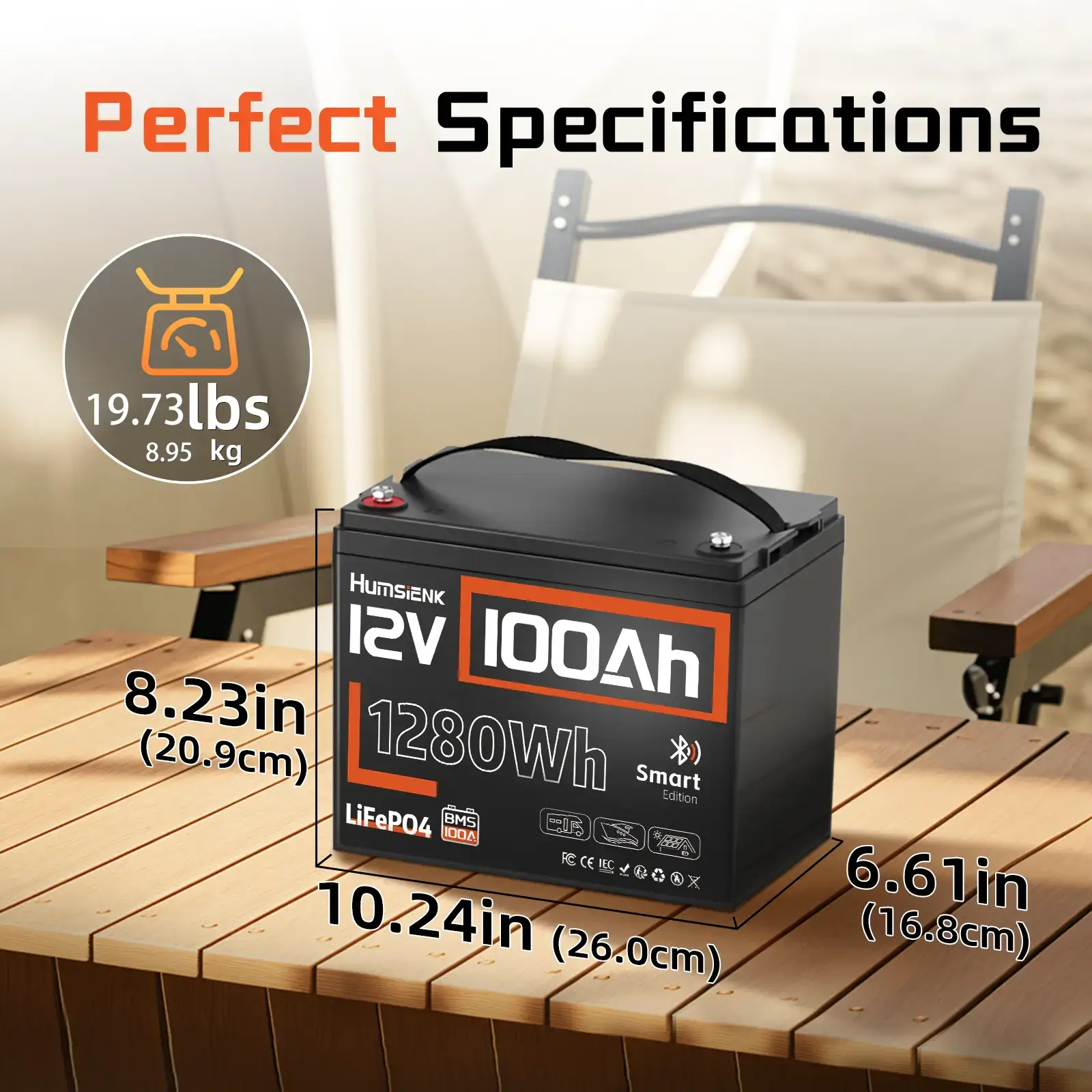 12V 100Ah LiFePO4 Bluetooth Lithium Battery, Built-in 100A BMS & Low-Temp Protection, for RV/Marine/Trolling Motor/Off-Grid/Home Backup