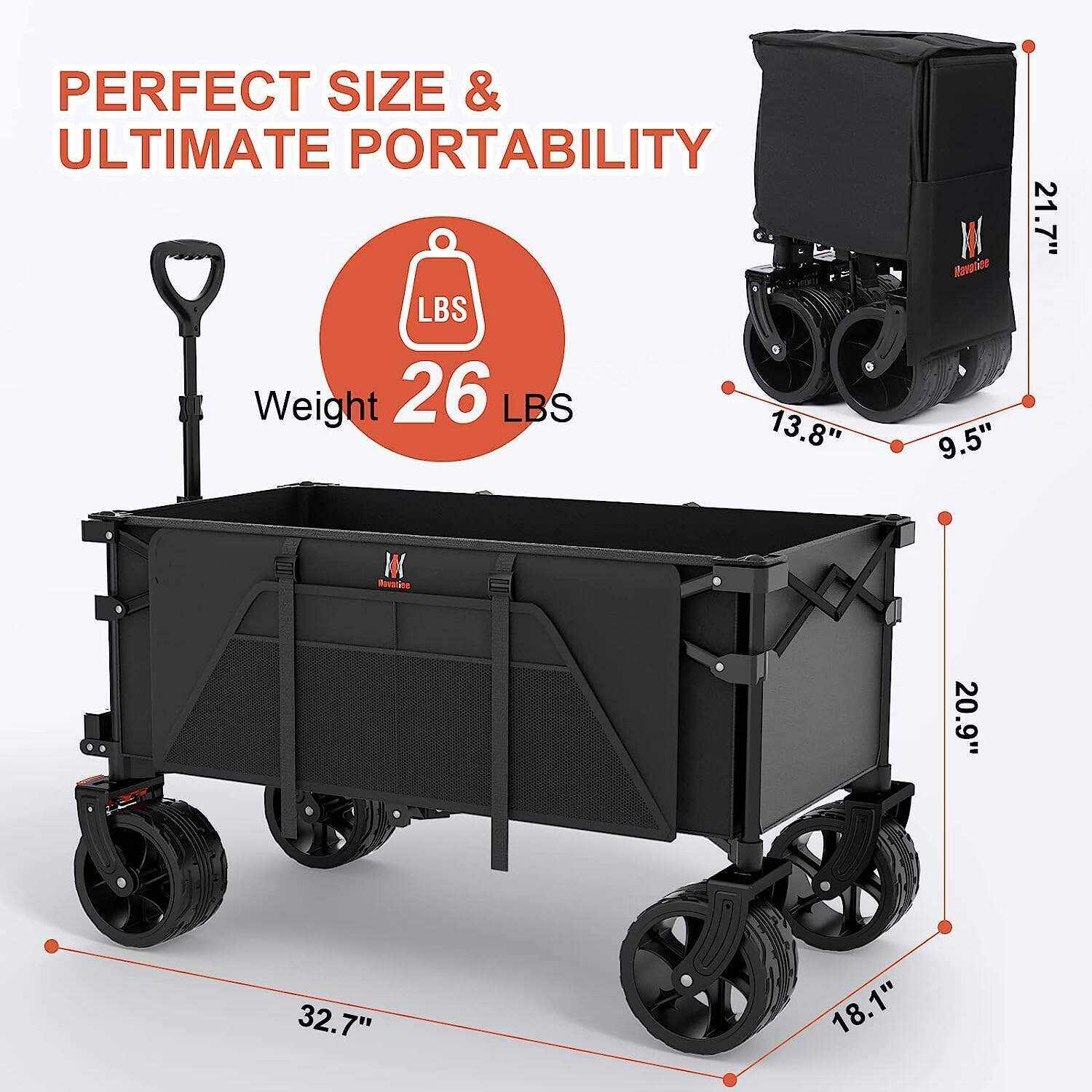 Navatiee Collapsible Folding Wagon, Beach Wagon Cart Heavy Duty Foldable with Big Wheels
