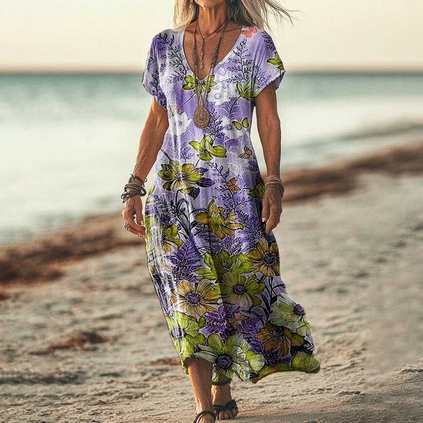 Women's Folk Flower Art Print V Neck Pocket Cotton Dress