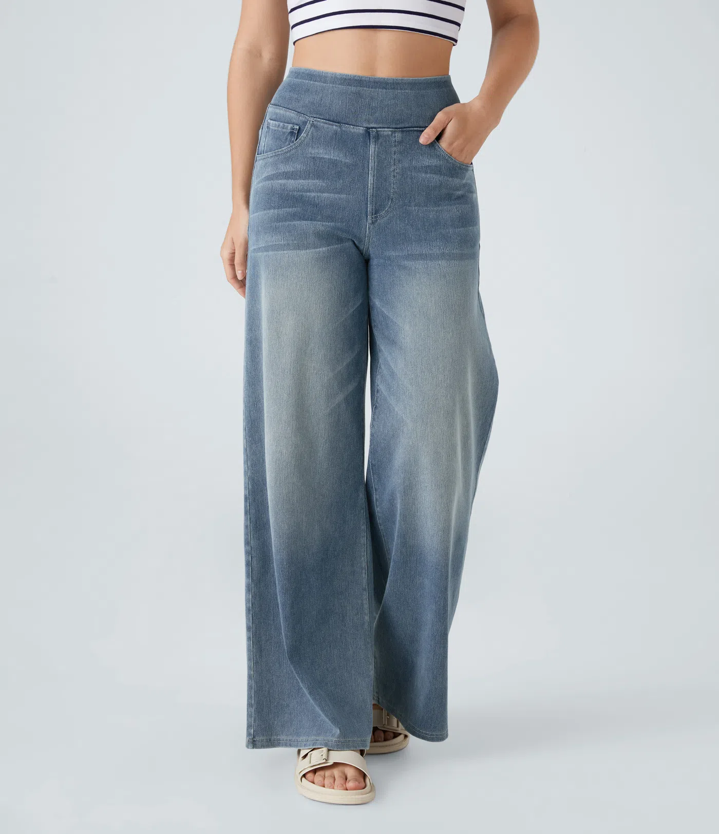 💝Last day promotion⚡High Waisted Multiple Pockets Baggy Wide Leg Washed Stretchy Knit Casual Jeans