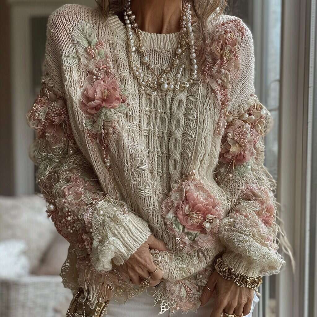 Women's Pink Rose Knitted Warm Long Sleeve Crew Neck Sweater