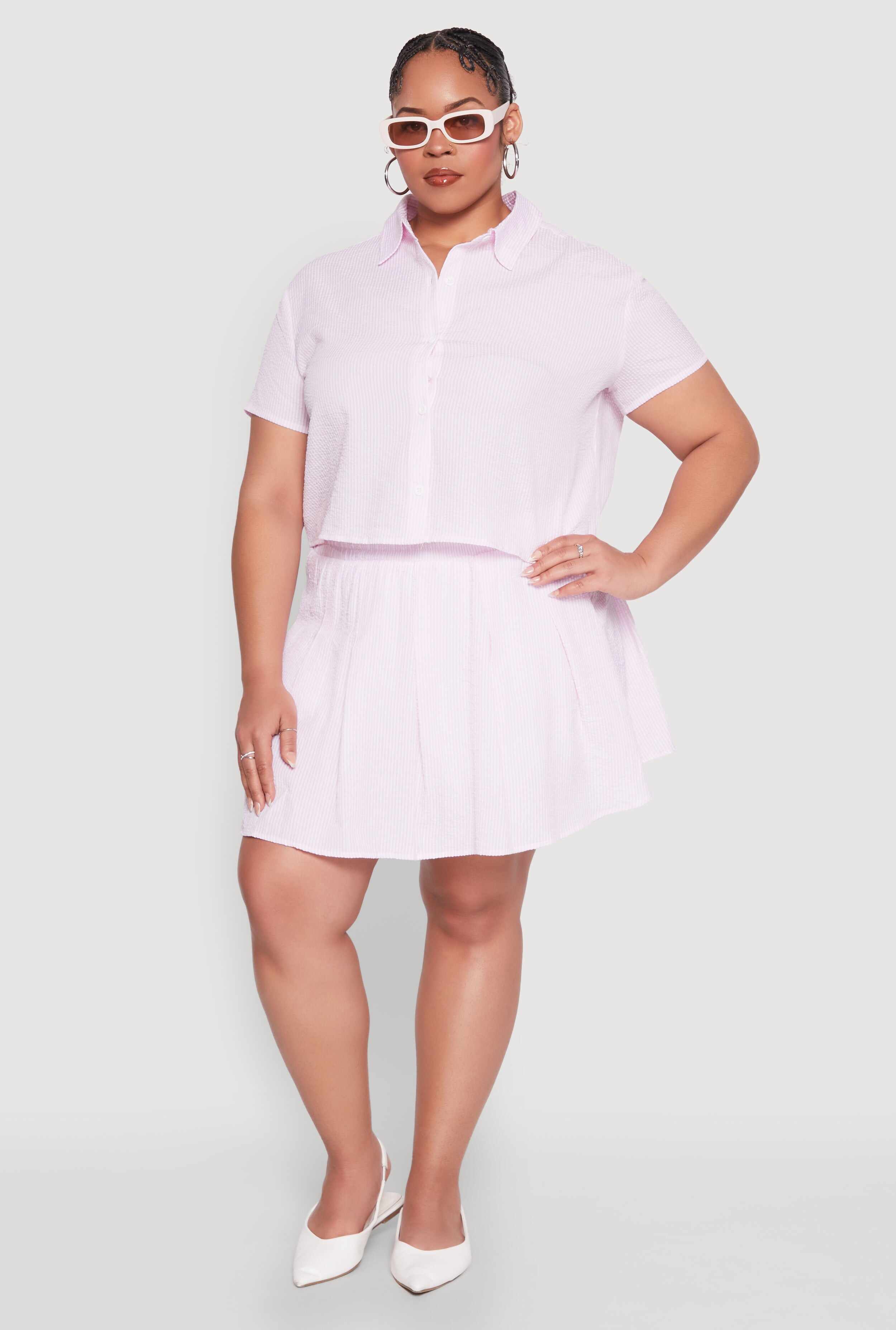 Plus Size Almost Famous Striped Seersucker Cropped Shirt