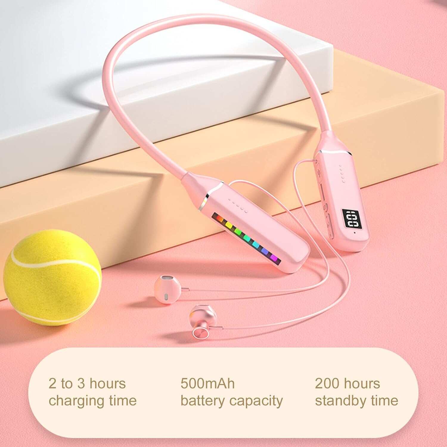 Bluetooth Neckband Headphone, Neckband Earphones Wireless, LED Power Display Memory Card Playback Magnetic Earbuds Headset with RGB Backlight (Black)