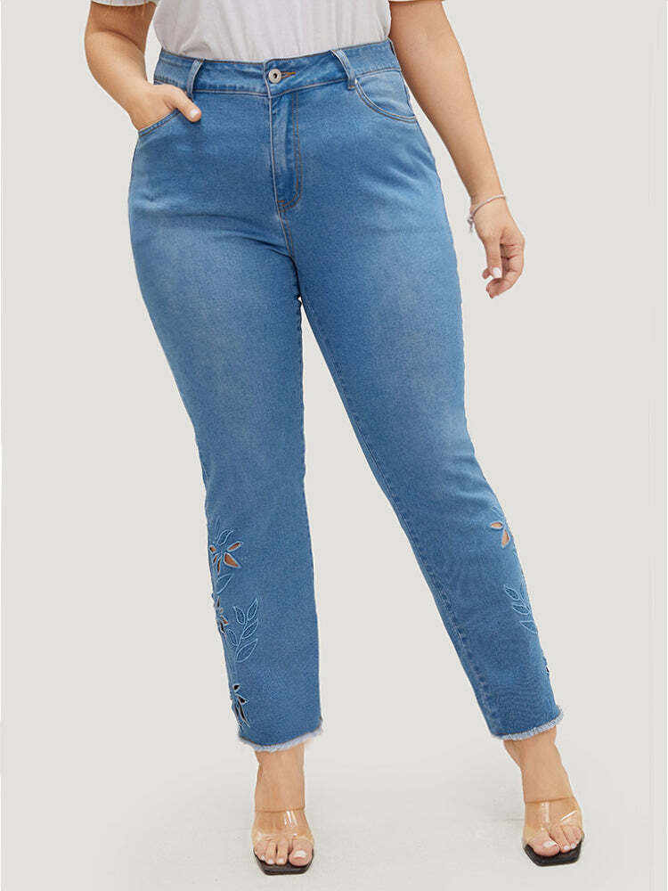 Very Stretchy High Rise Medium Wash Broderie Anglaise Jeans