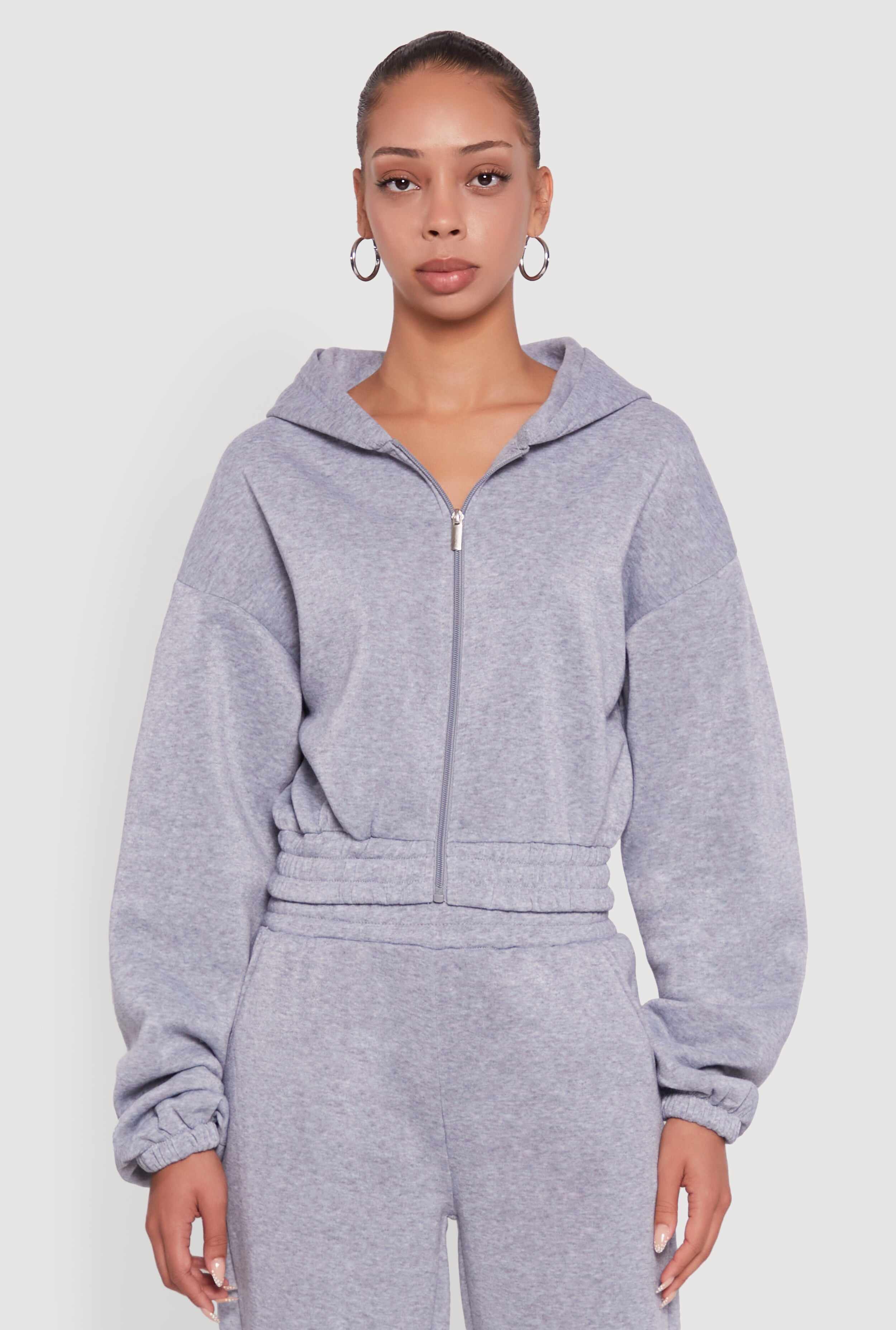 Long Sleeve Zip Front Elastic Hem Hoodie