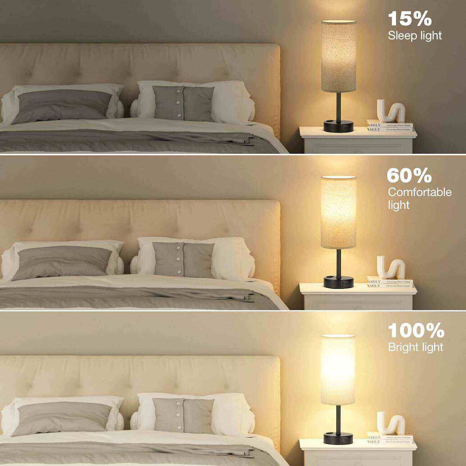 Bedside Table Lamp for Bedroom - 3 Way Dimmable Touch Lamp USB C Charging Ports and AC Outlet, Small Lamp Wood Base Round Flaxen Fabric Shade for Living Room, Desk, LED Bulb Included