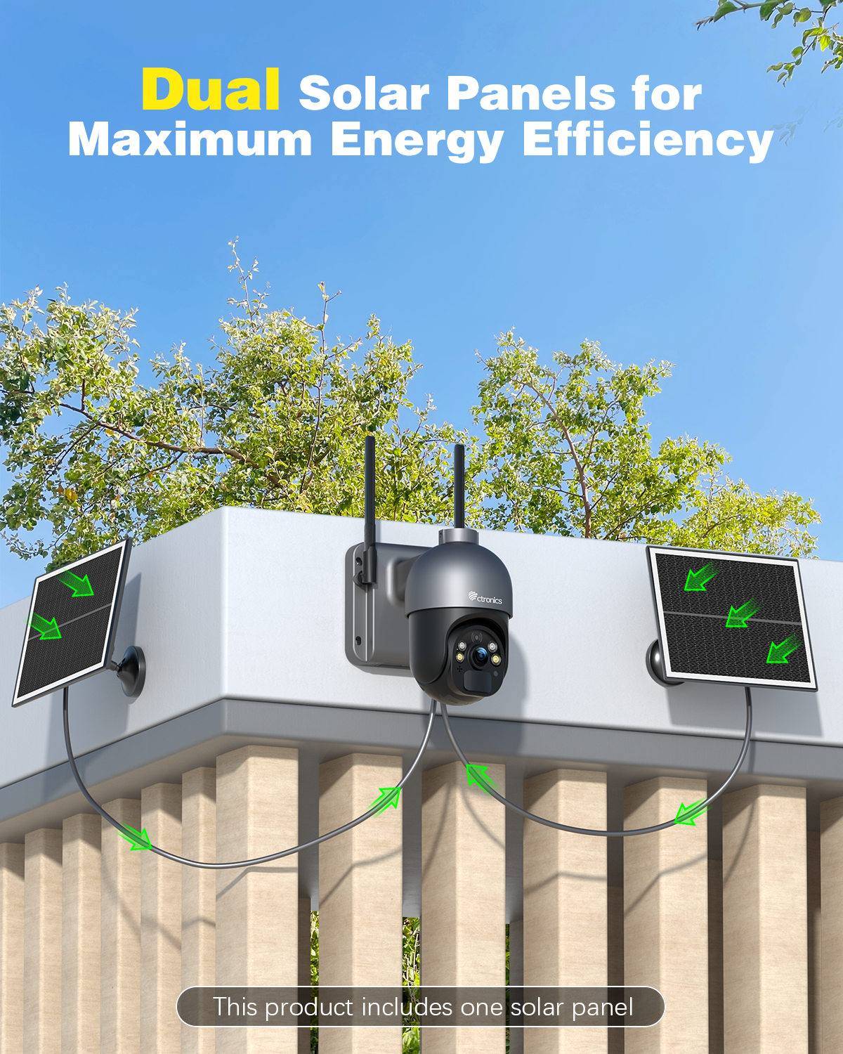 Ctronics 5MP Solar Security Camera Outdoor Wireless, 6W Solar Panel, Sound-Light Alarm, PC/Phone Remote Control, Color Night Vision