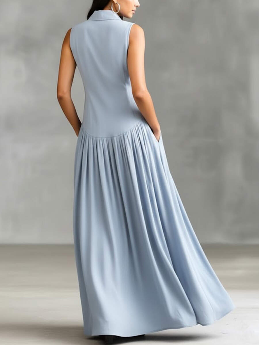 🔥Summer Arrivals🌟Women's Solid Color Lapel Sleeveless Casual Loose Cotton Dress