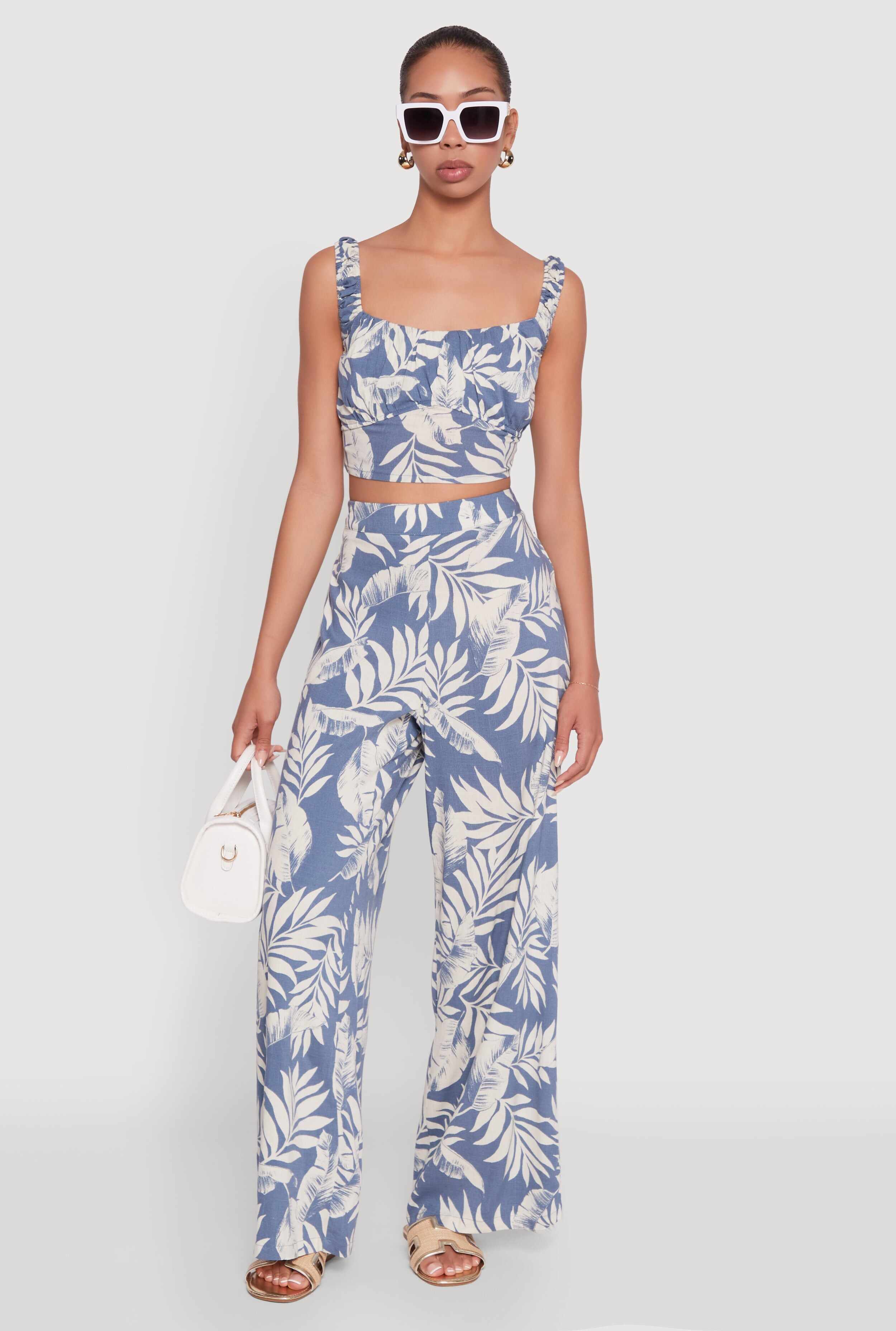 Iris Sleeveless Leaf Print Scoop Neck Crop Top