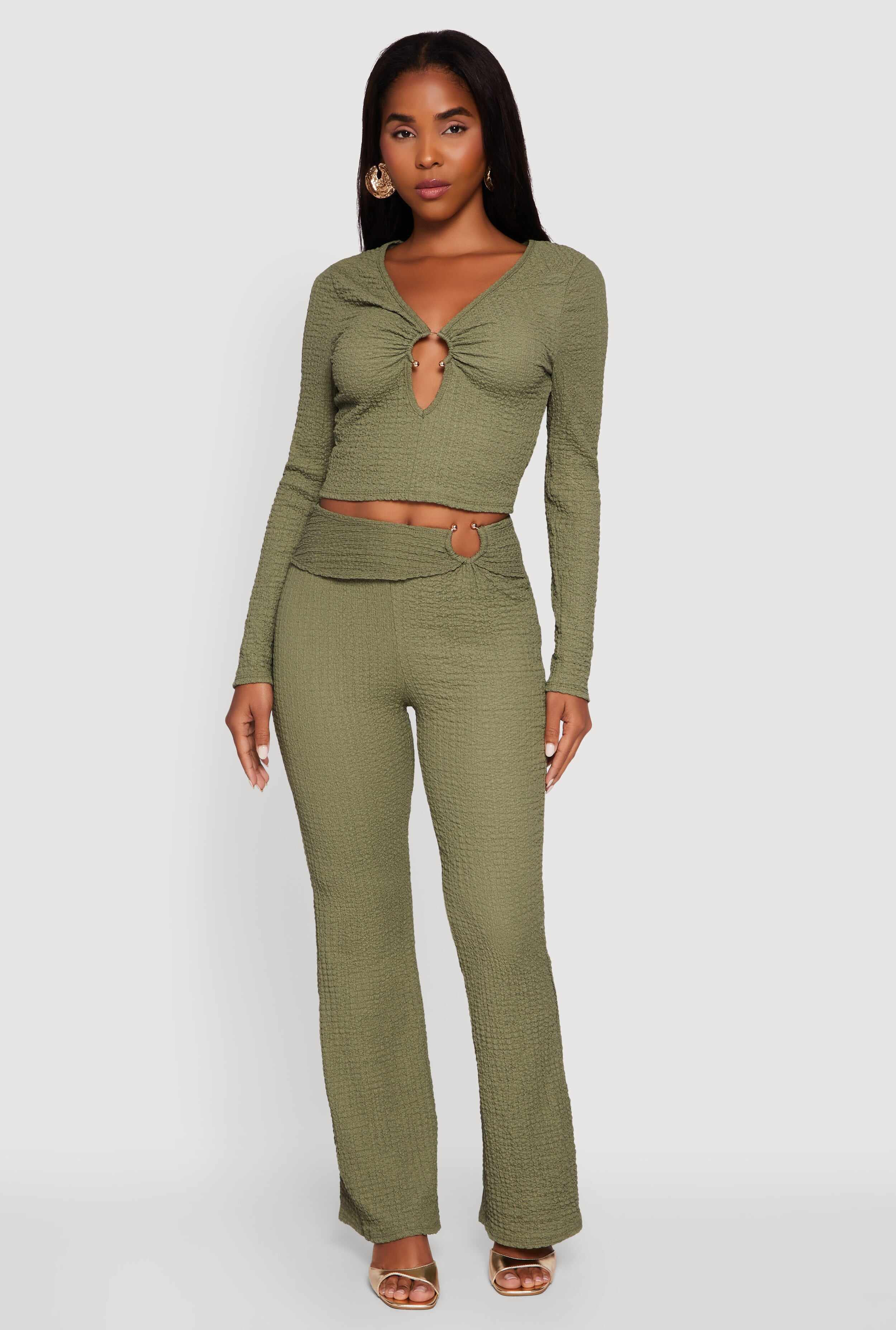 O Ring Cut Out Textured Knit Cropped Blouse
