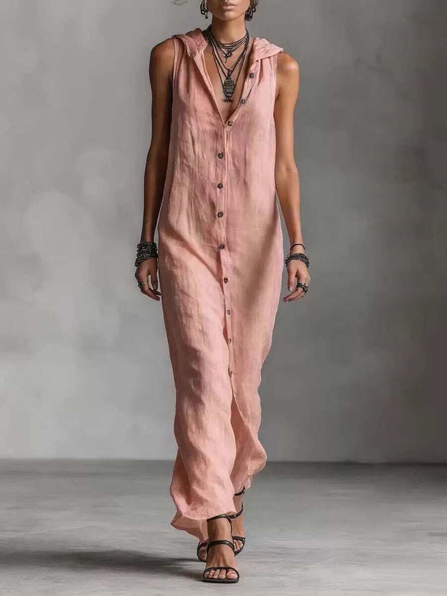 🔥Summer Arrivals🌟Women's Retro Hooded Solid Color Long-sleeved Cotton Linen Dress