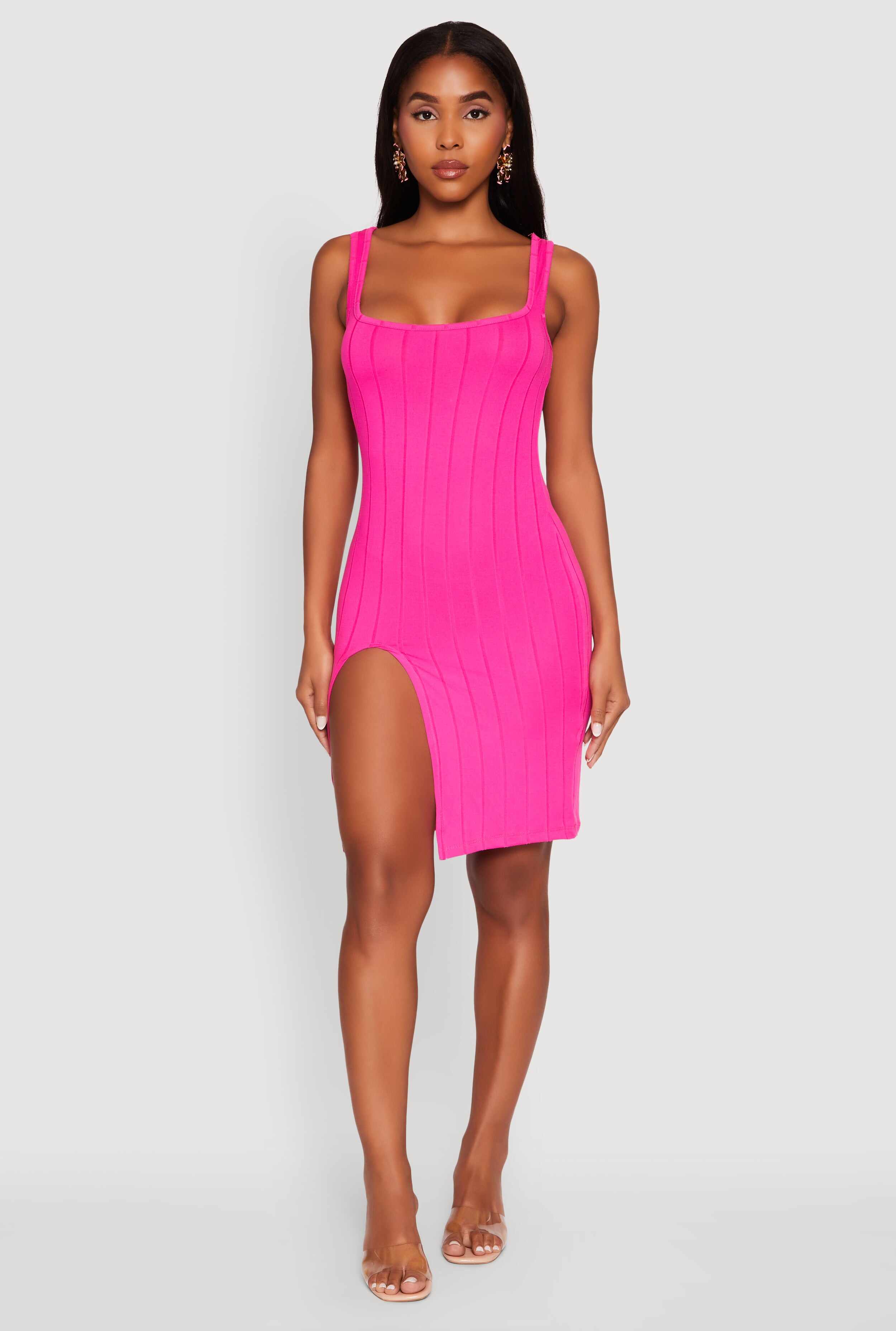 Trendy Ribbed Knit Square Neck Sleeveless Dress
