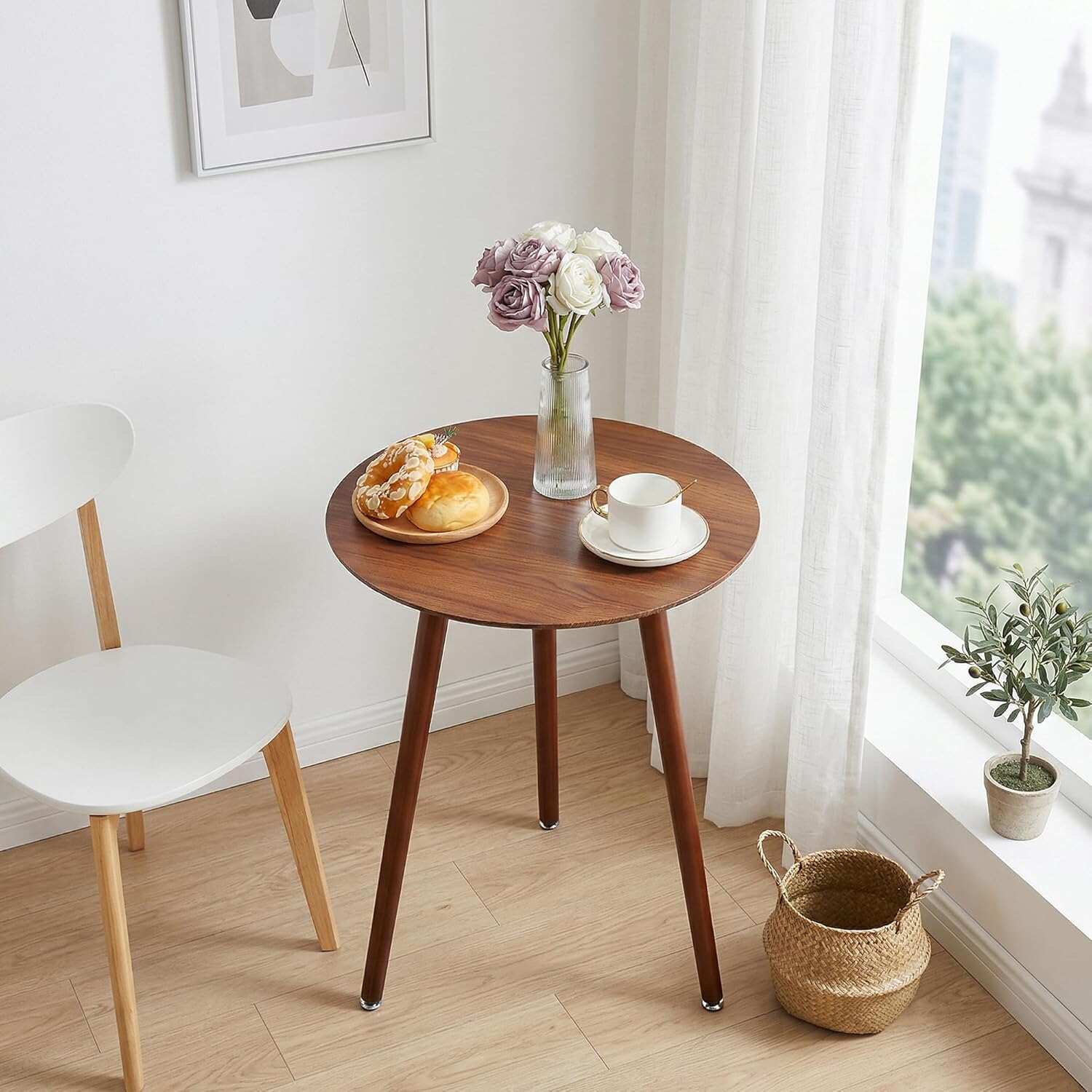 VECELO Round Wooden Side End Table with Adjustable Foot for Indoor Outdoor