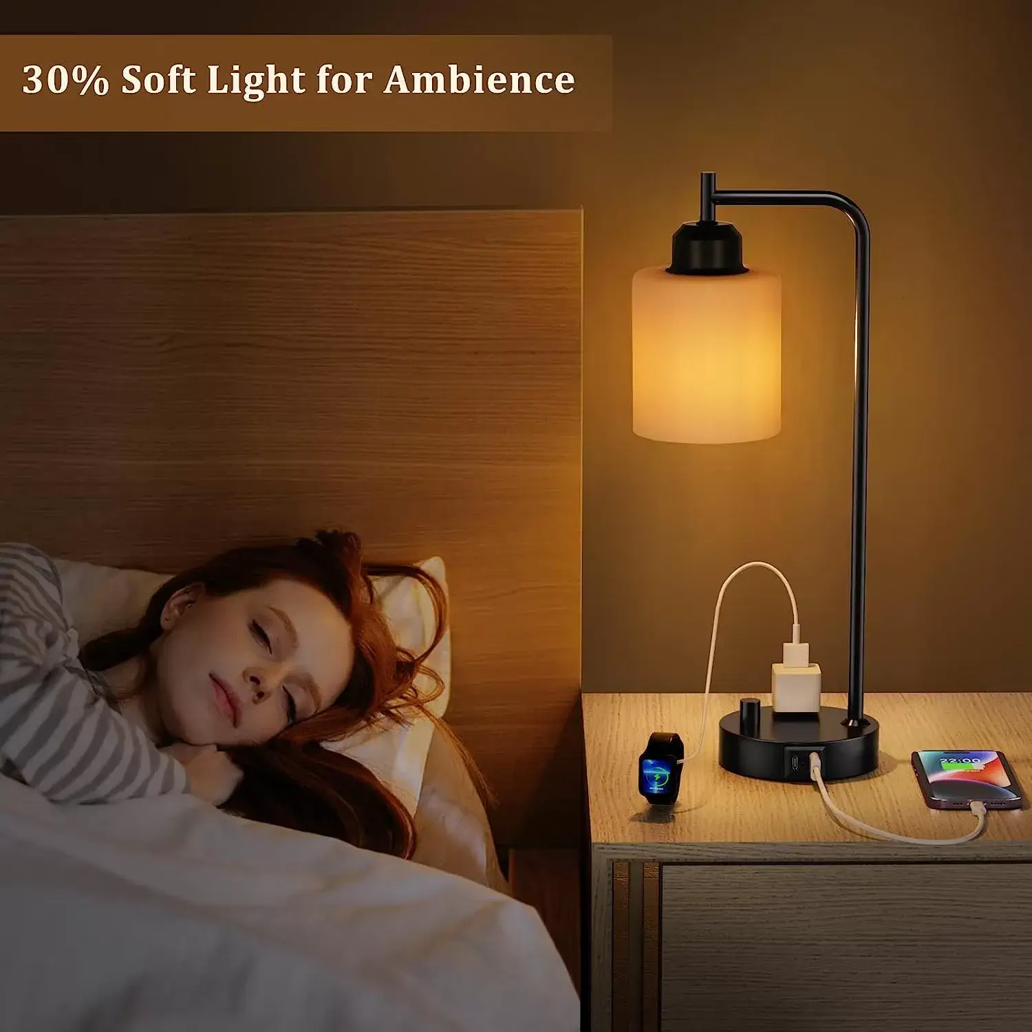 Industrial Bedside Table Lamp for Bedroom - Nightstand Lamps with USB C Charging Port, Fully Dimmable Black Lamps with USB Ports and Outlets, Small Desk Lamp with Glass Shade for Office Living Room