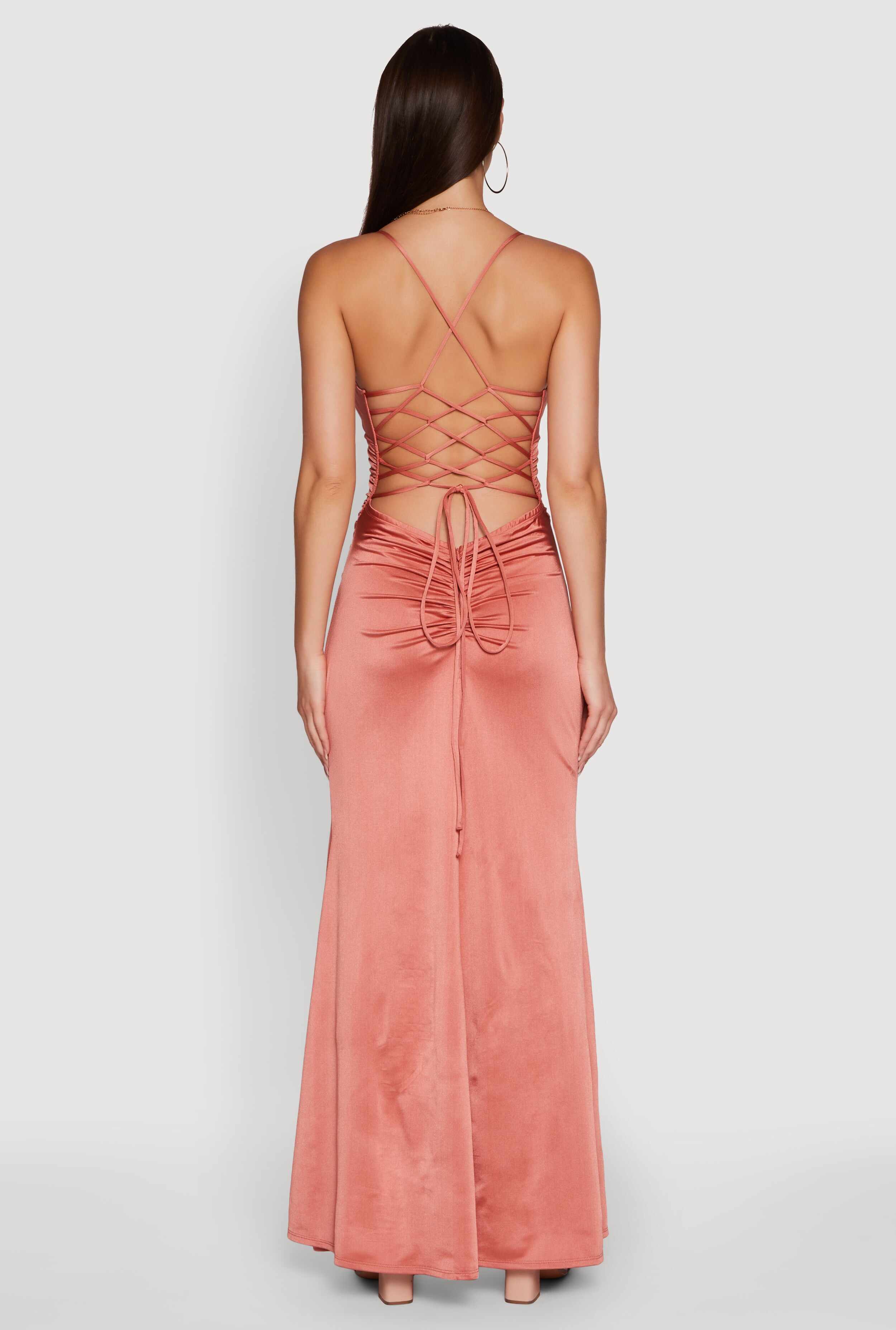 Haute Monde Side Slit Lace Up Back Maxi Dress