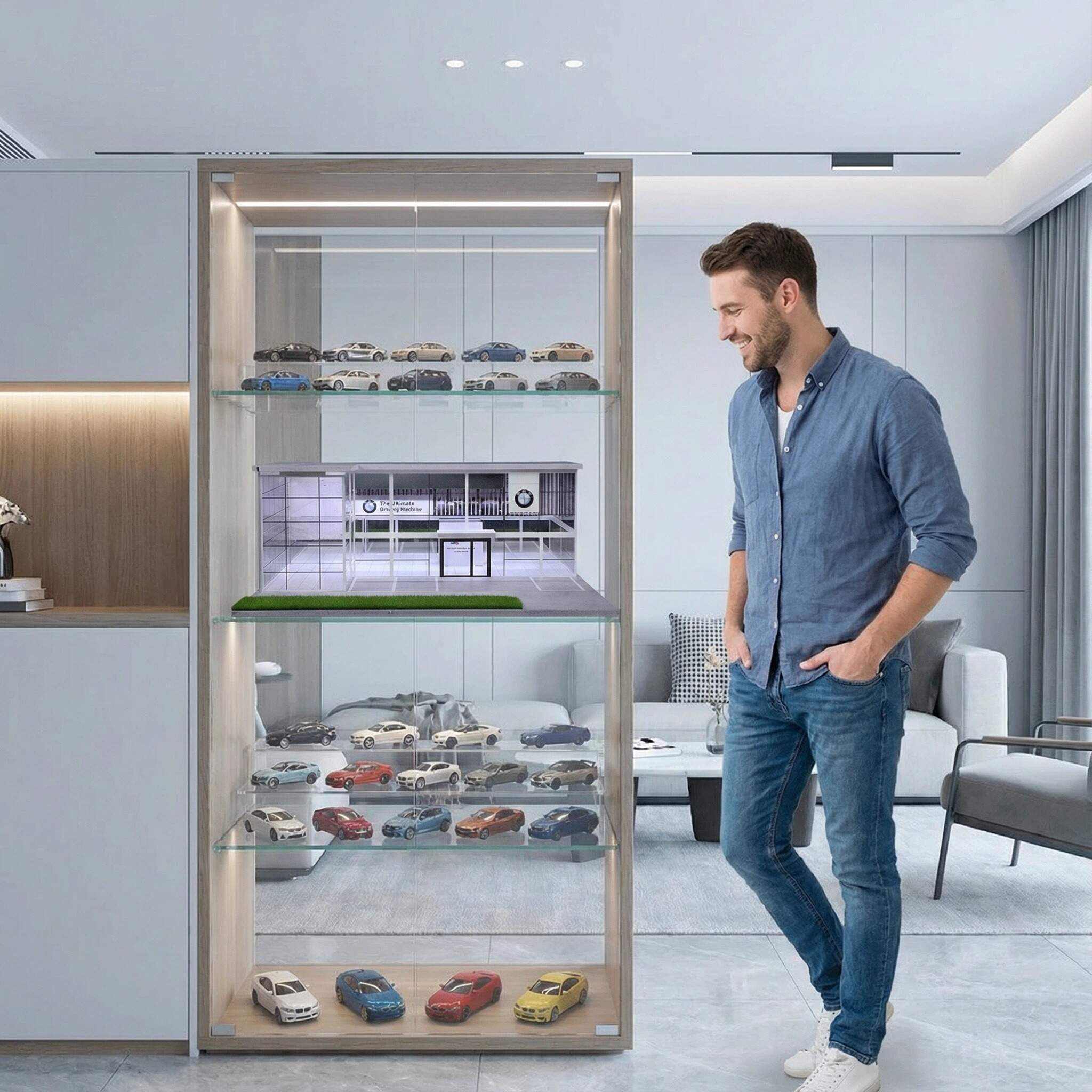 1:64 Scale Modern Luxury Car Showroom Diorama Display Case – Contemporary Dealership Scene for Diecast Cars