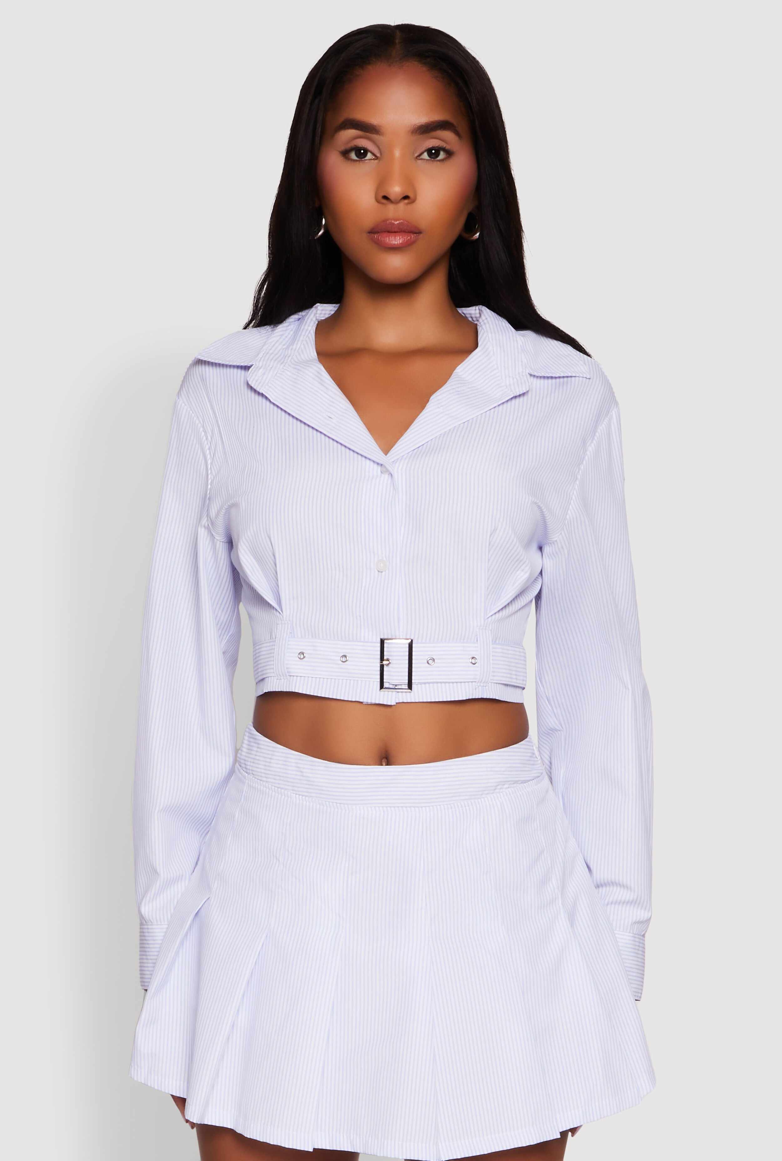 Striped Cropped Button Front Shirt with Belt