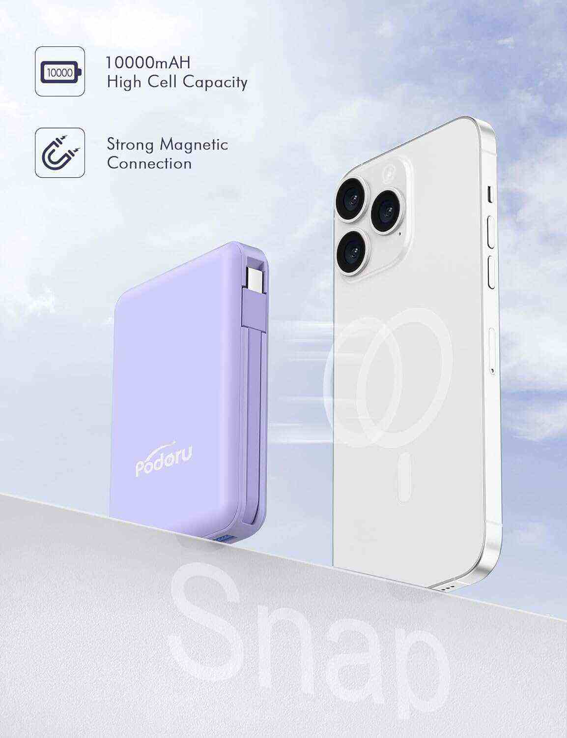 podoru Wireless Portable Charger, 10000mAh Magnetic Power Bank Built-in USB-C Lighting Cables 22.5W PD Fast Charging LED Display Mag-Safe Battery Pack for iPhone 15/14/13/12/Mini/Pro/Pro Max - White