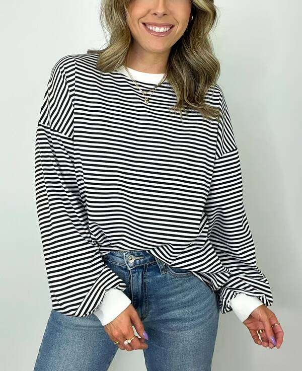 🔥Summer Arrivals🌟🌈Women's Casual Striped Crewneck Oversized Pullover