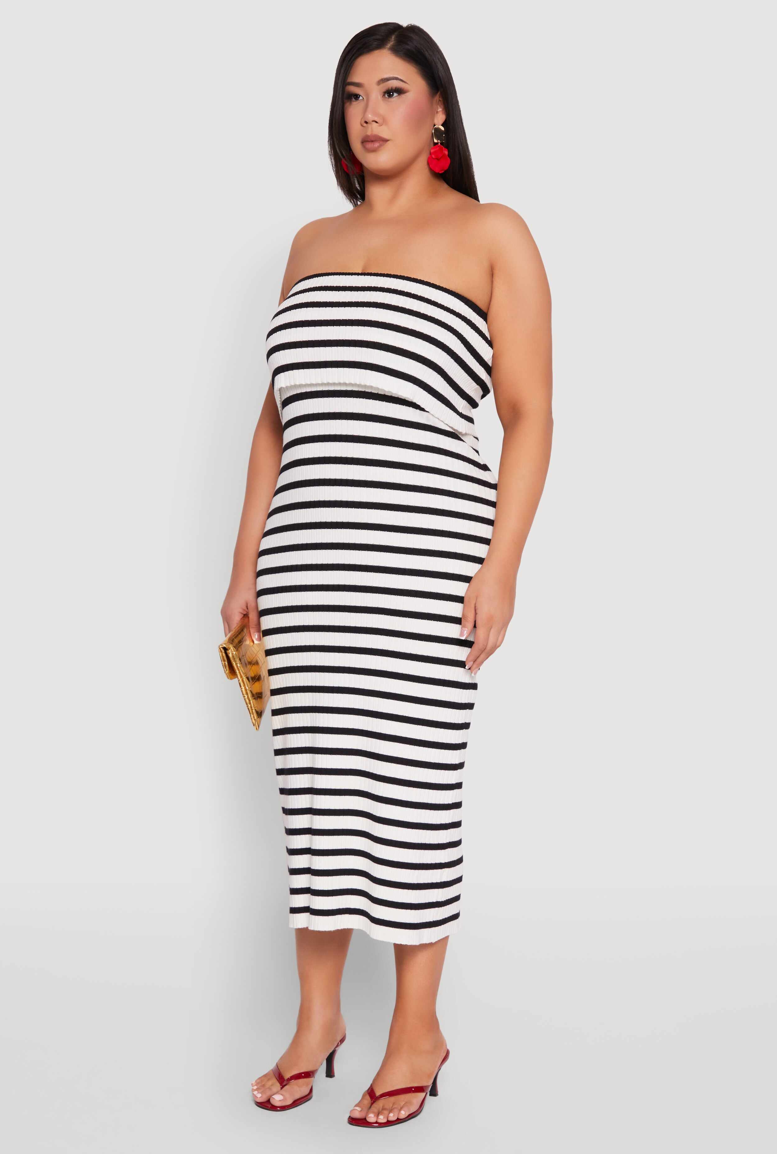 Plus Size Striped Rib Knit Overlay Sweater Dress