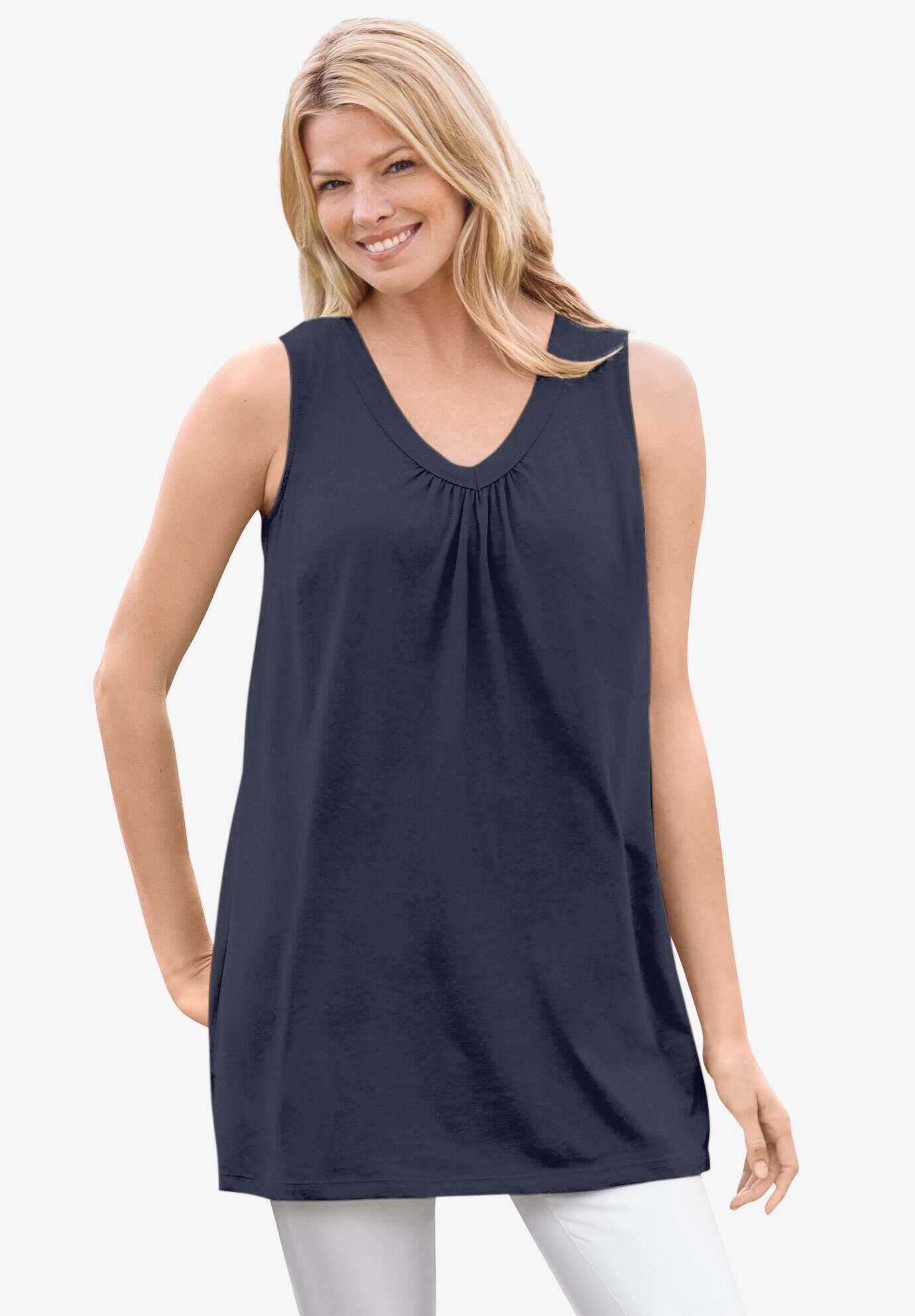 Perfect Sleeveless Shirred V-Neck Tunic