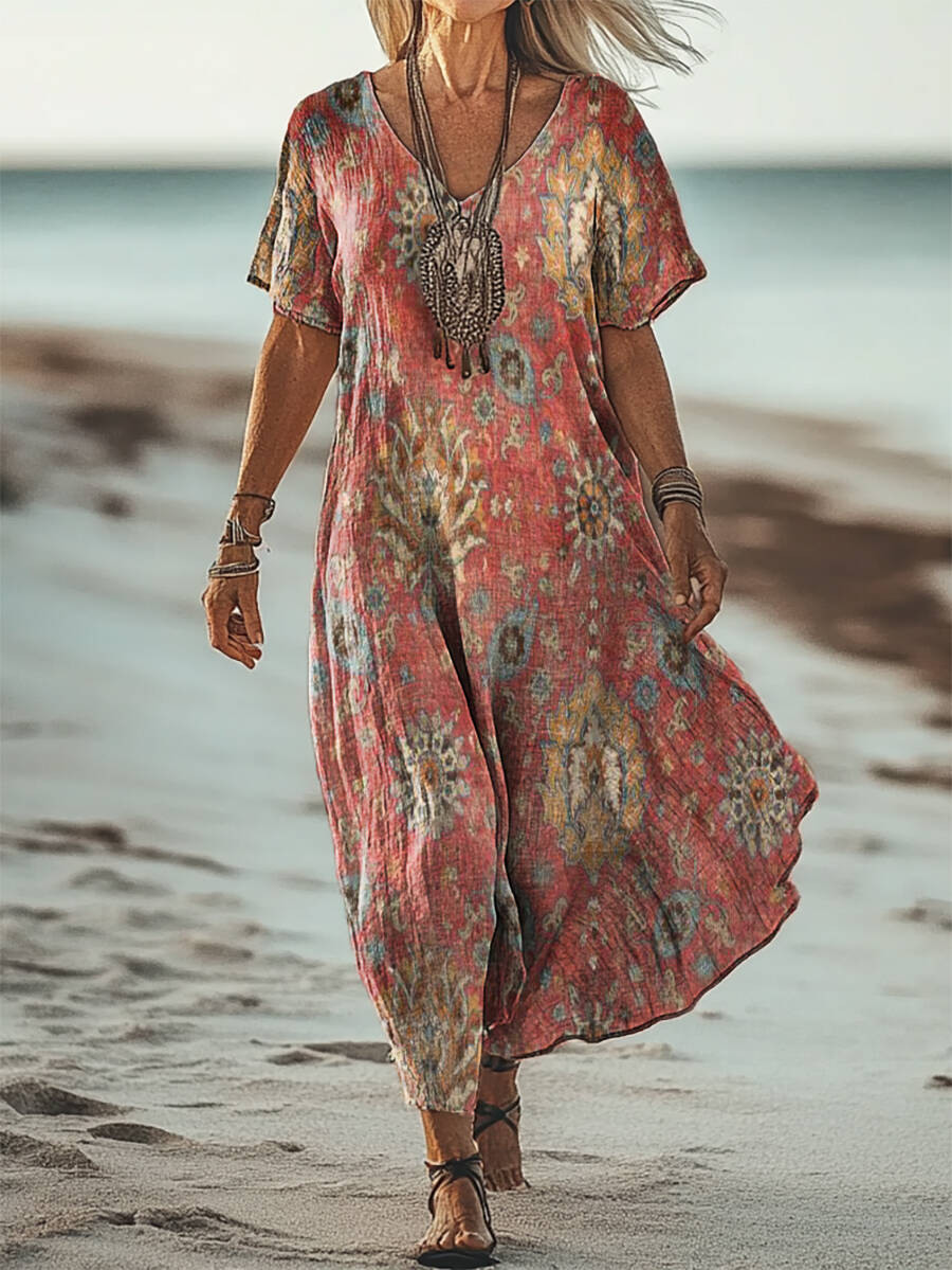 Women's Boho Ethnic Totem Art Pattern Print Short Sleeve Pocket Cotton Linen Dress