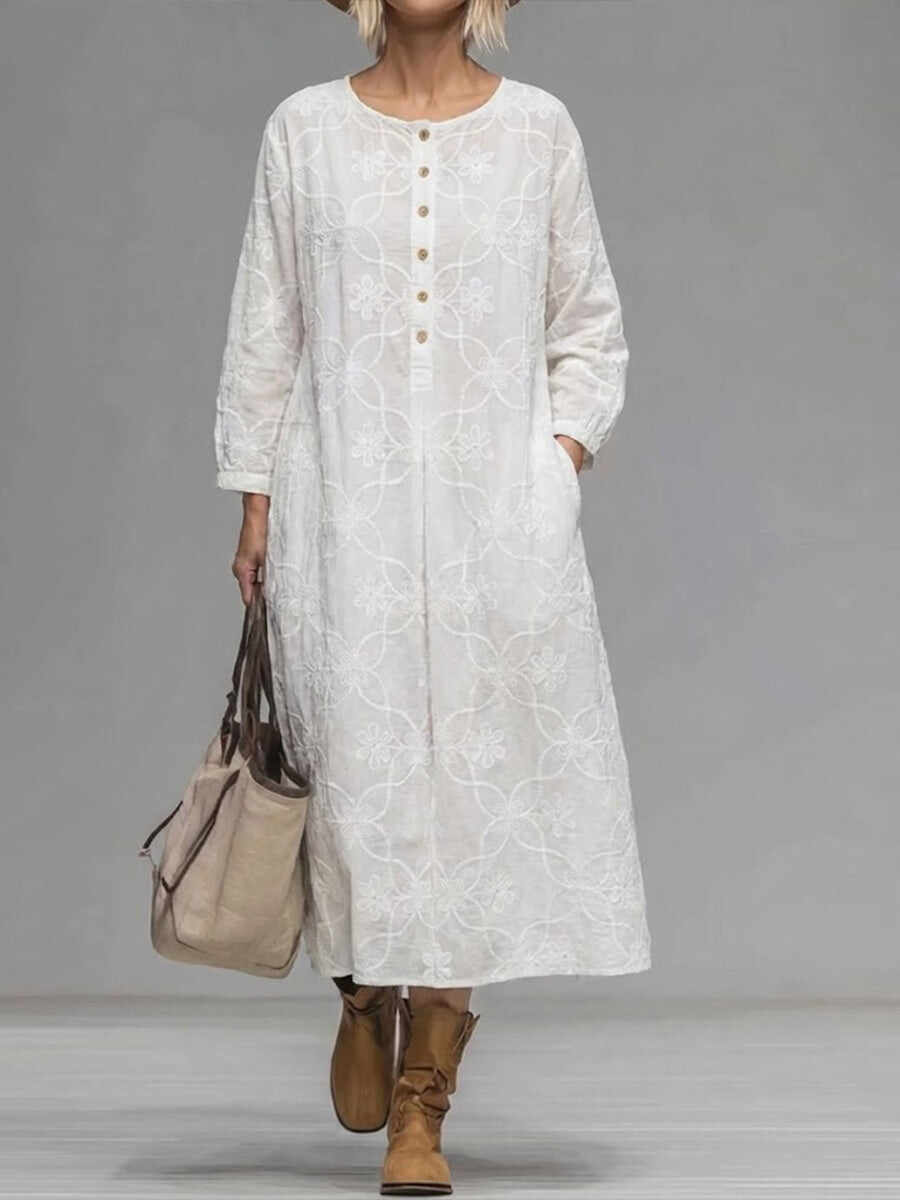 🔥Summer Arrivals🌟Women's Solid Color Round Neck Long-sleeved Casual Loose Cotton Embroidered Dress