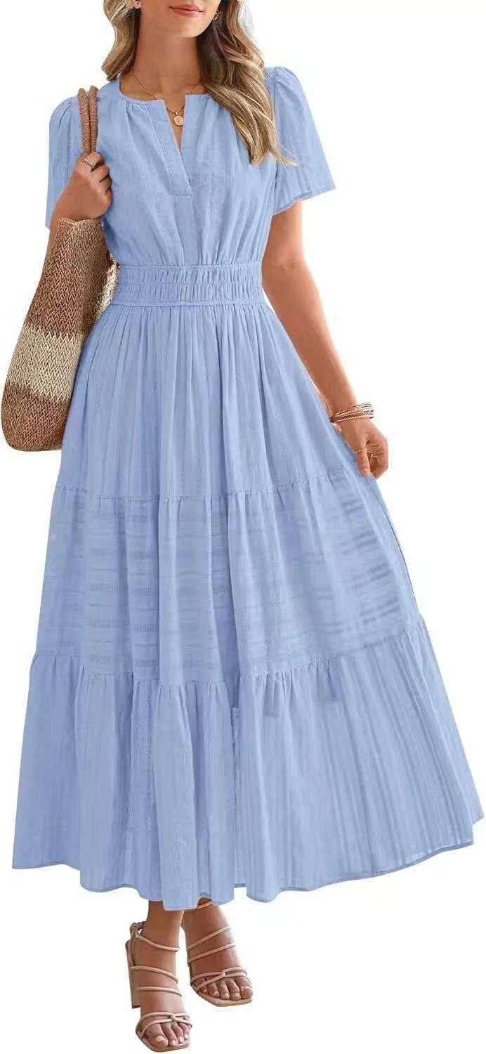 Lightweight Summer Maxi Dress with Pockets, V-Neck & Elastic Waist
