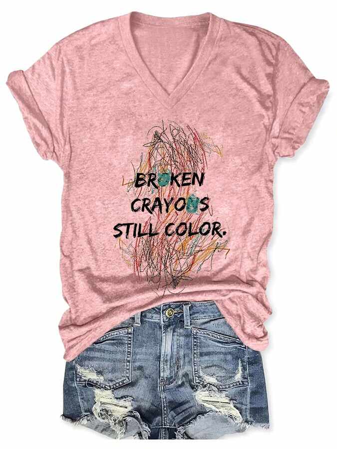 V-neck Retro Broken Crayons Still Color Print T-Shirt