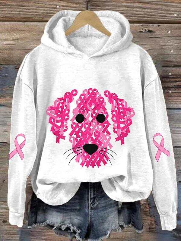 Women's Pink Ribbon Dog Breast Cancer Awareness Print Casual Sweatshirt
