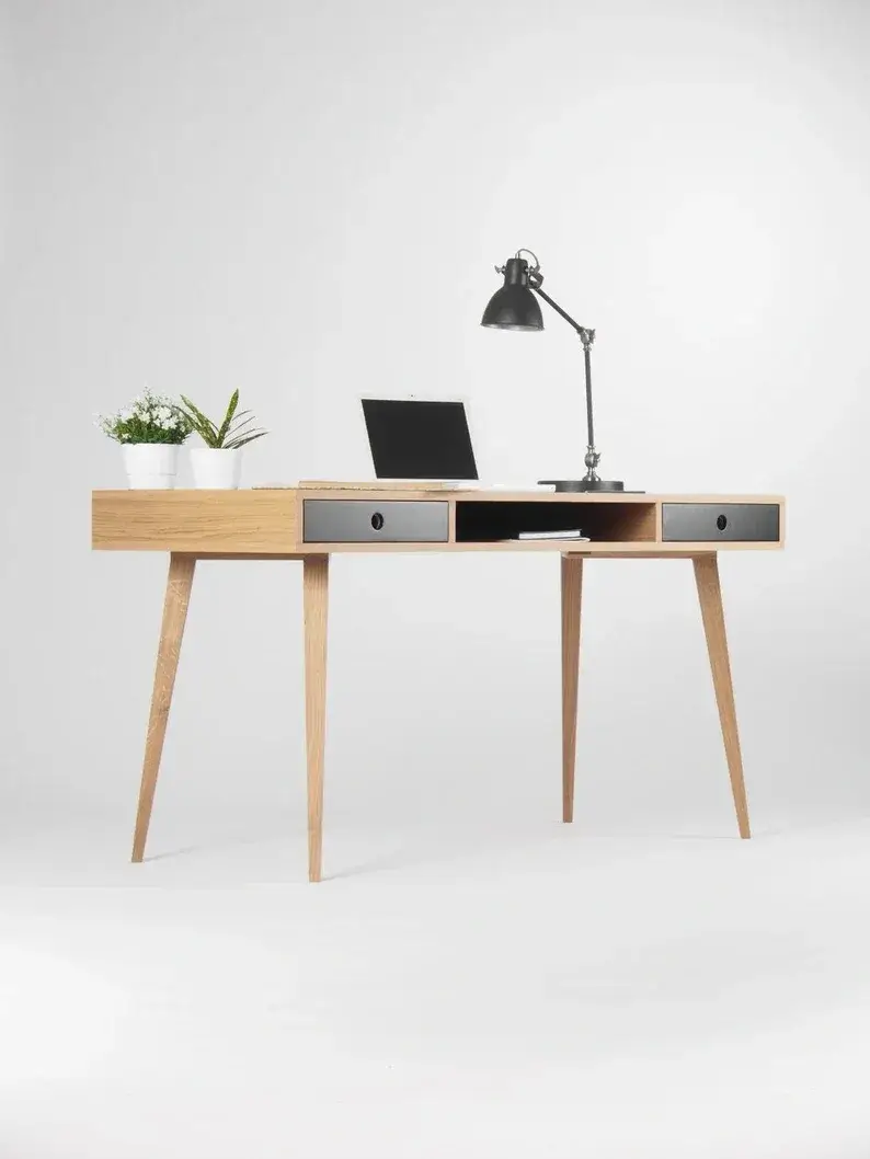 Large modern oak desk, computer table, bureau with black drawers, oak wood, mid century modern, customized size and finish;Send 1 stool(pictured)