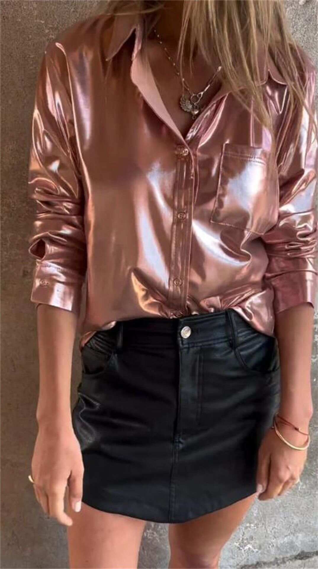 Lapel Long Sleeve Lustrous Shirt
