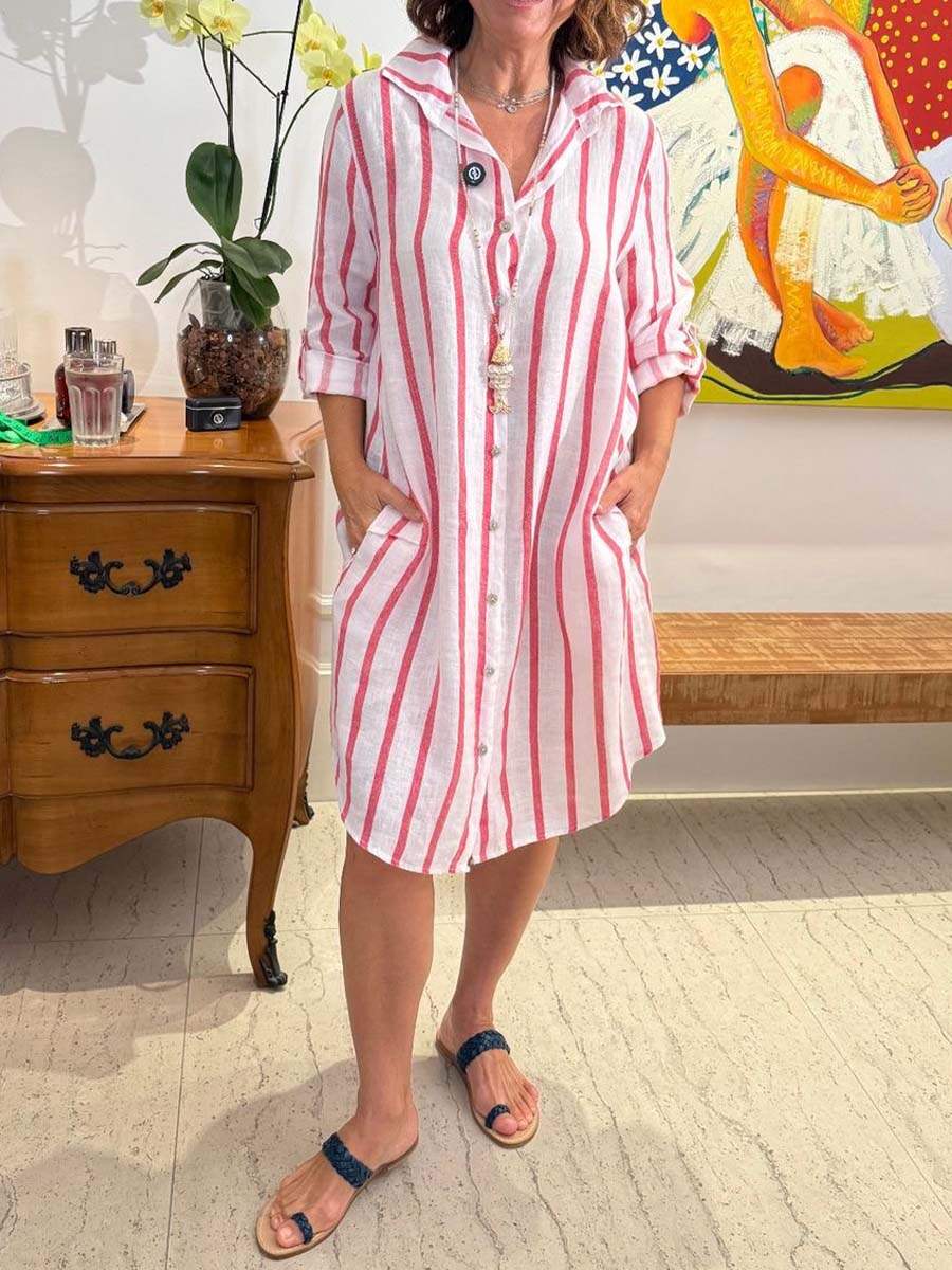 🔥Summer Arrivals🌟Women's Striped Print Lapel Long Sleeve Casual Cotton and Linen Shirt Dress