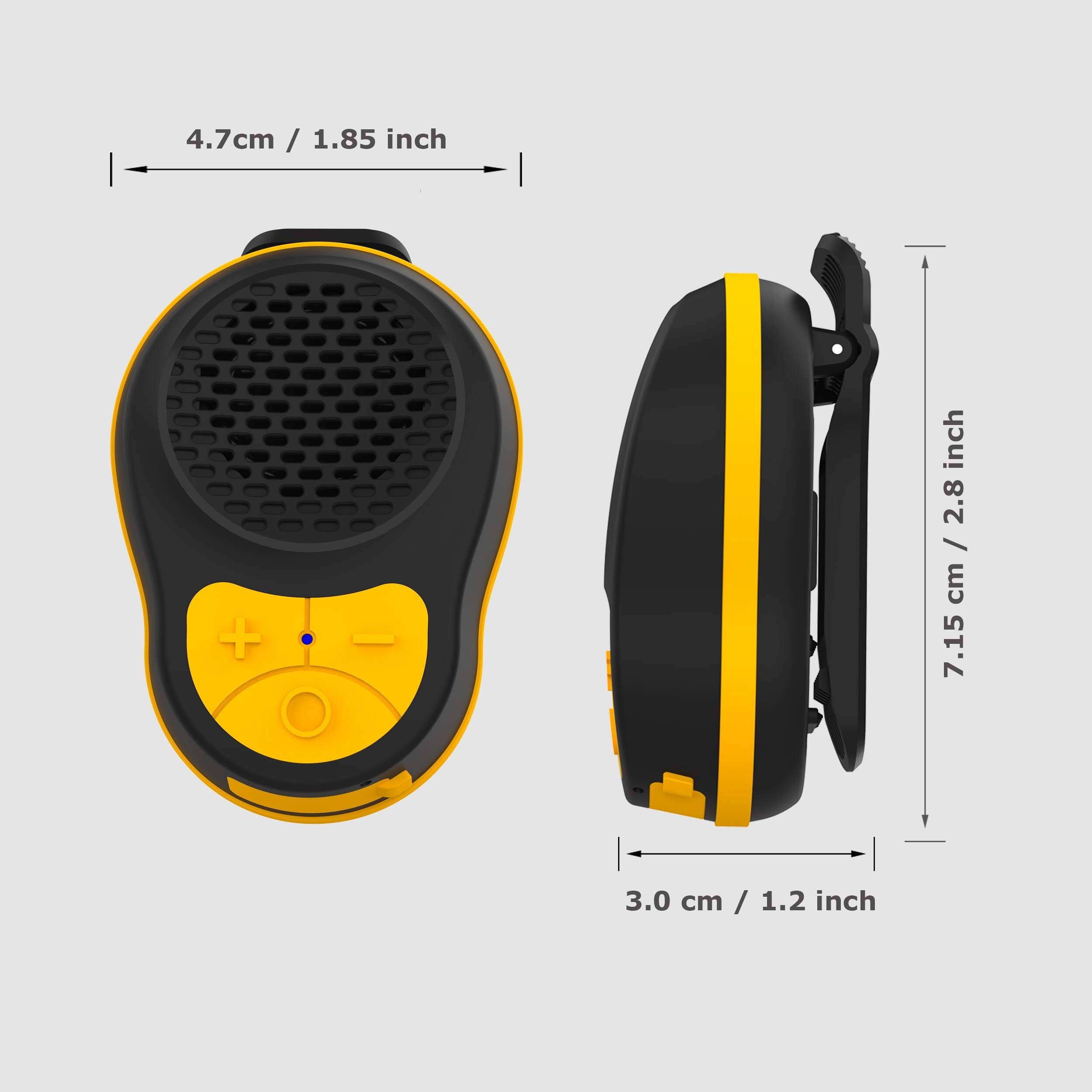 Wireless Portable Clip-On Speaker with Built-in Mic, 15 Hours Battery, IPX-5 Water-Resistant, USB Type-C Charging, 1-3W Output, Button Control, for Music & Calls, Ideal for Jobsite, Running, Biking, Hiking - No Charger Included