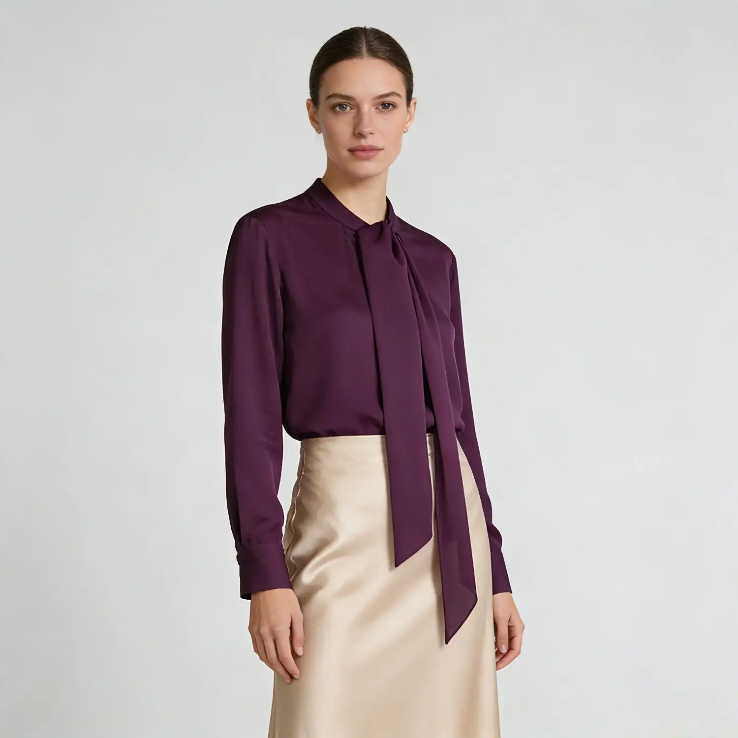 Solid Color Silk Shirt Long Sleeve with Neck Tie