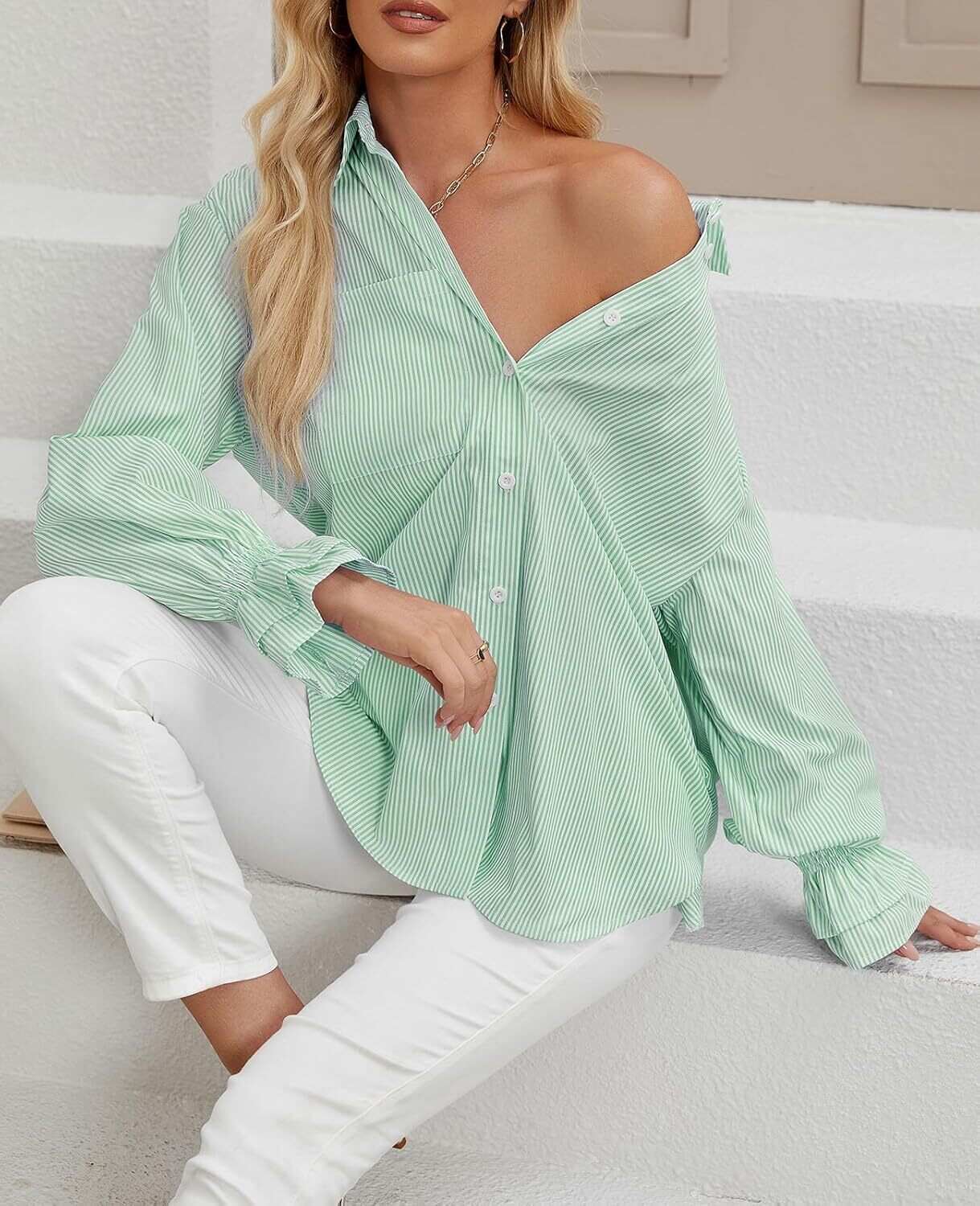 Women's Striped Button Down Shirts Smocked Cuffed Boyfriend Shirt Long Sleeve Blouse Top with 3 Pockets