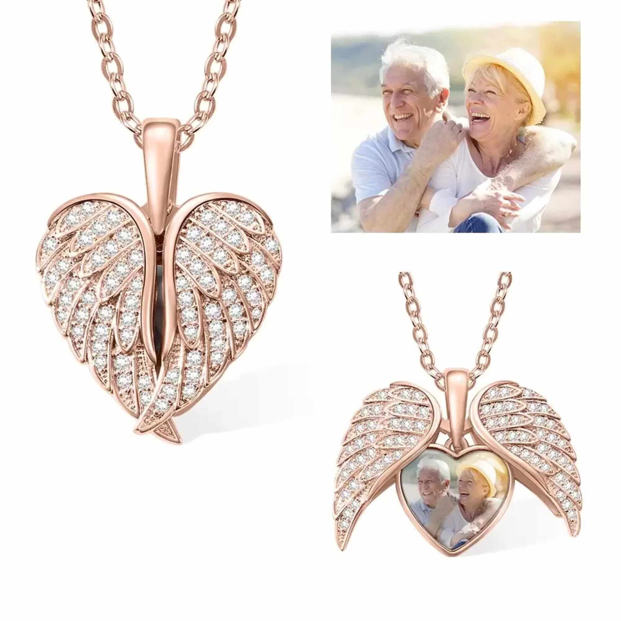 Heart Shape Angel Wing Photo Locket Necklace Anniversary Birthday Gift for Women