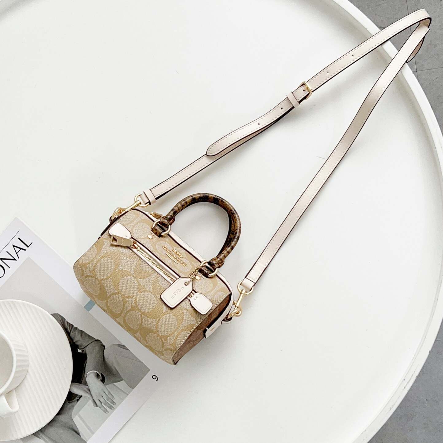 Mini Rowan Boston Bag – Signature Print with Leather Trim | Crossbody Shoulder Handbag with Removable Strap