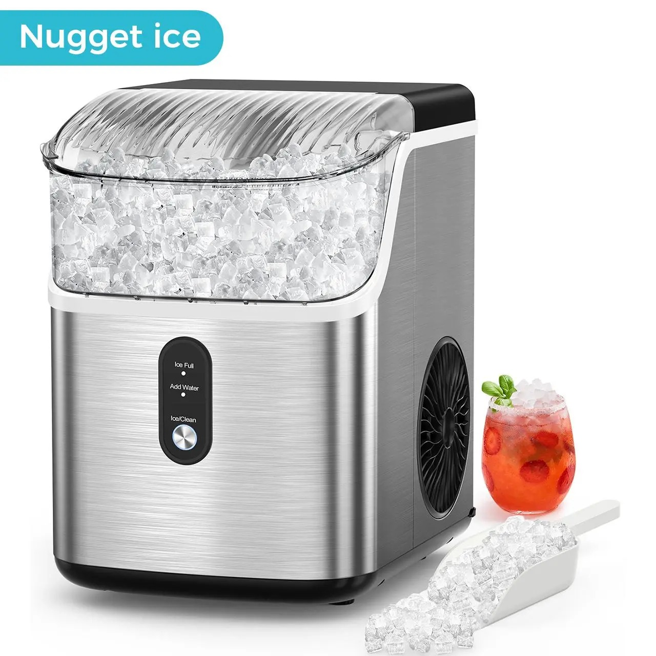 Ice Maker Countertop, Soft Chewable Nugget Ice Cubes Machine, One-Button Quick Ice Making 34Lbs/Day, Self-Cleaning, Portable Stainless Steel Ice Machine