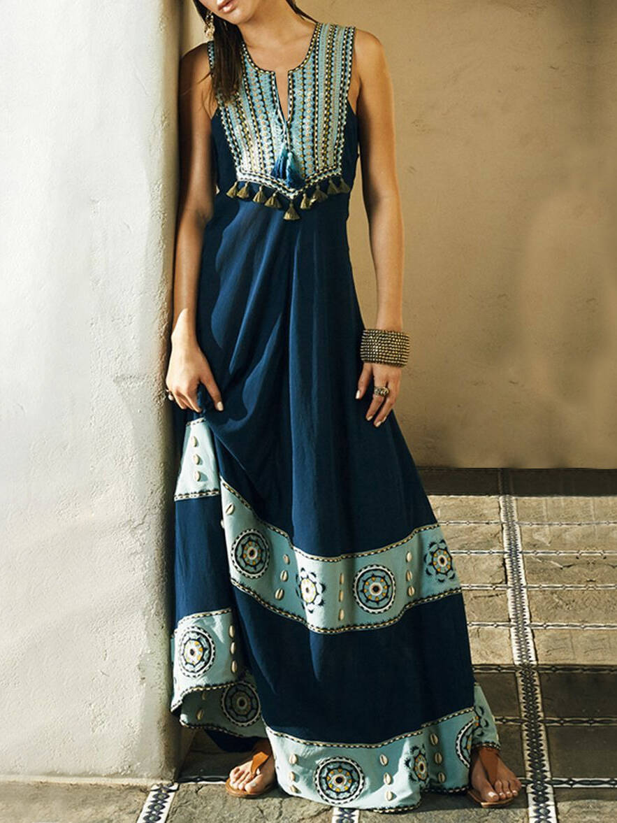 Bohemian Ethnogeometry Beading Tassel Art Sleeveless Cozy Linen Maxi Dress